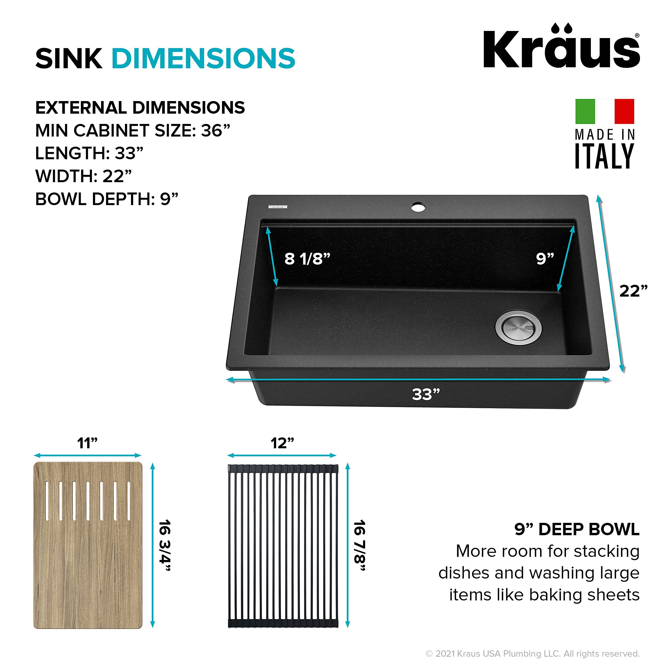 KRAUS Bellucci 33-Inch Drop-In Granite Composite Single Bowl Kitchen Sink in Metallic Black with Accessories & WasteGuard™ Garbage Disposal - Durable, Stylish for Modern Kitchens | Perfect for Meal Prep, Dishwashing & Entertaining