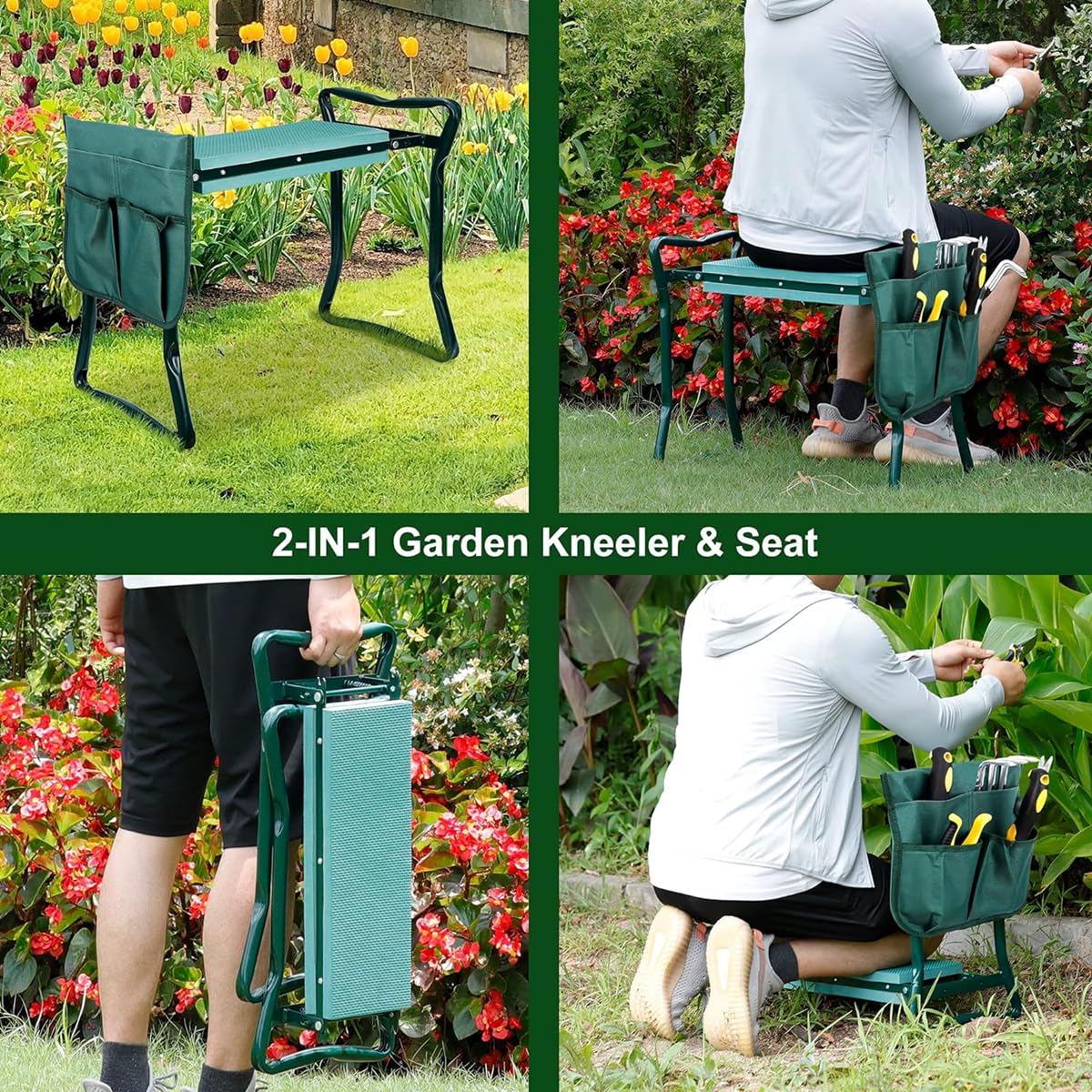 Foldable Garden Kneeler Seat with Handle & Storage Pouch - Portable Gardening Stool with Soft EVA Foam Pad for Comfortable Planting, Weeding & Outdoor Use