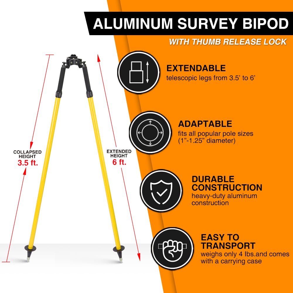 Aluminum Bipod Tripod for Surveying Prism & GPS Poles - Thumb Release Bipod with Quick Adjust Legs | Perfect for Land Surveying, GNSS Stations & Outdoor Measurement Work
