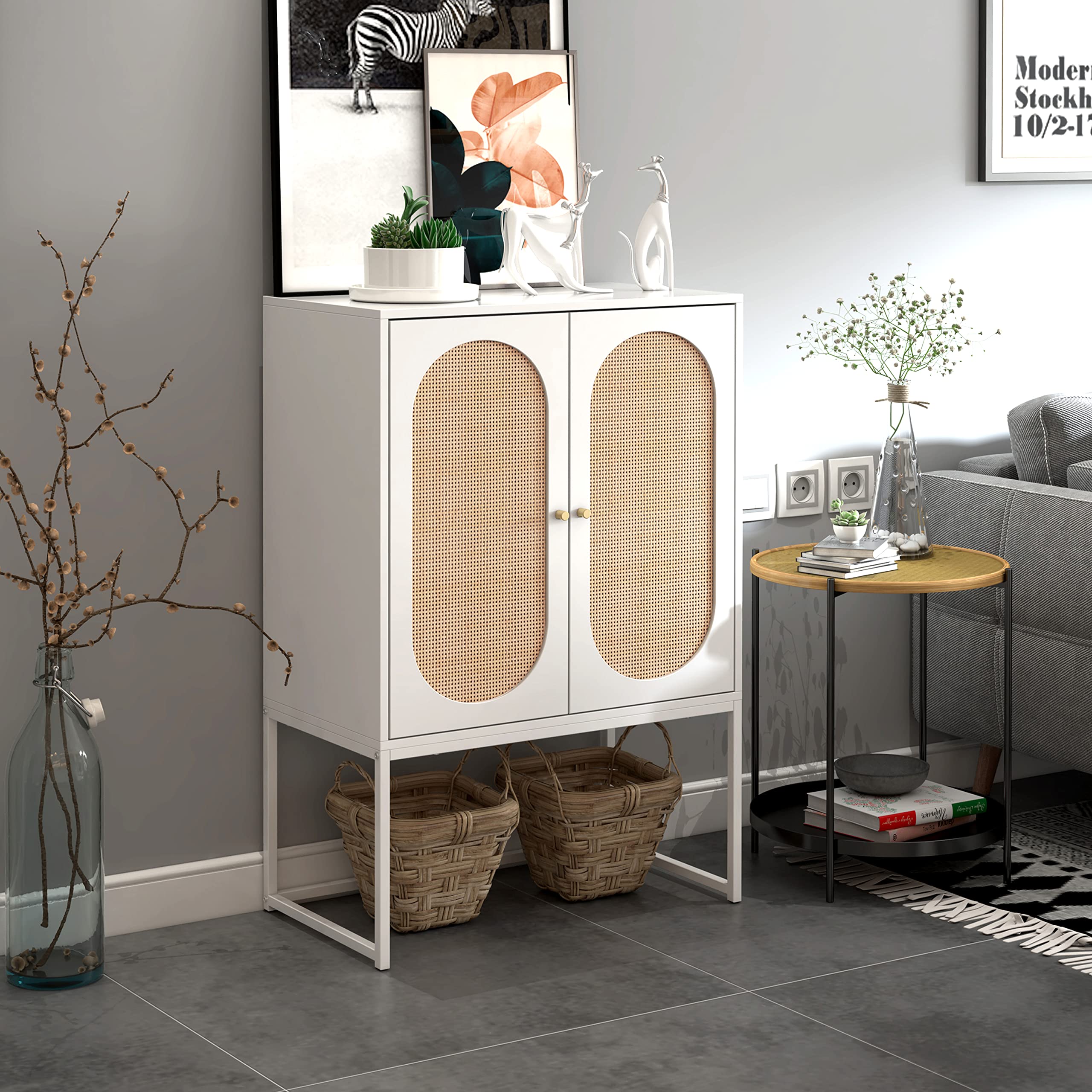 Vintage Fluted Glass Storage Cabinet with Dual Doors & 3 Adjustable Shelves - Corner Sideboard for Dust-Free Organization in Living Room, Bathroom, Dining Room & Entryway (White/Natural Rattan) | Perfect for Home Decor, Small Space Storage & Displaying Collectibles