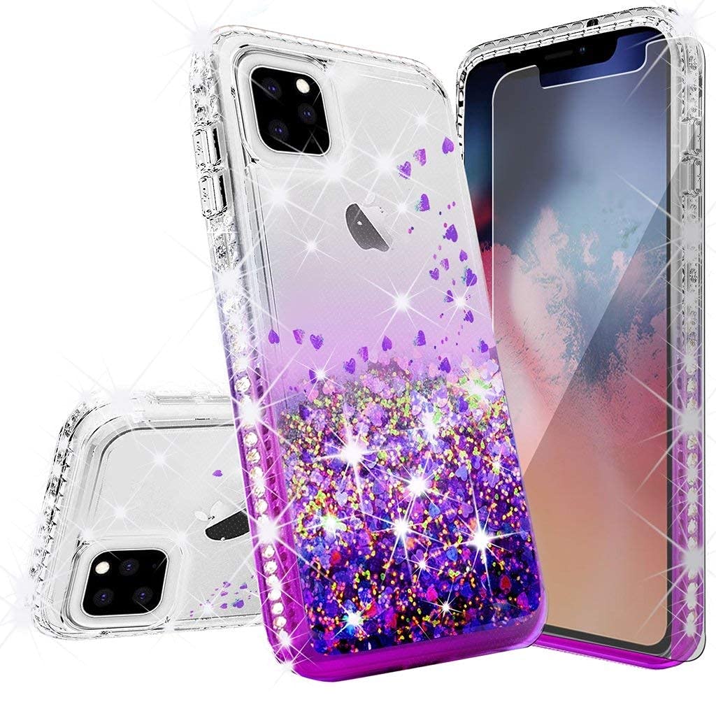 Sparkle Diamond Protective Case for Apple iPhone 13 Pro Max with Tempered Glass Screen Protector - Purple Clear Bling Cover for Women & Girls | Perfect for Everyday Use, Parties & Special Occasions