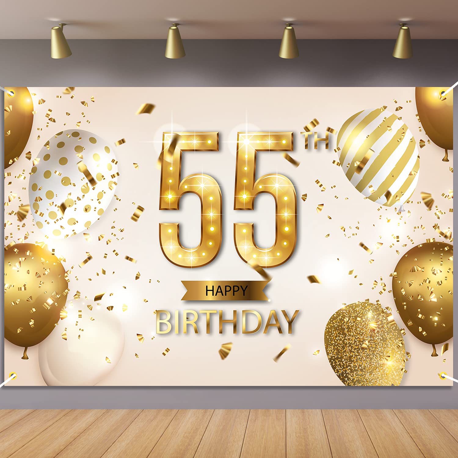 55th Birthday Backdrop Banner - White & Gold Glitter Photography Background Decor for Women & Men - Perfect for Party, Celebration, Photo Booth & Anniversary Decorations