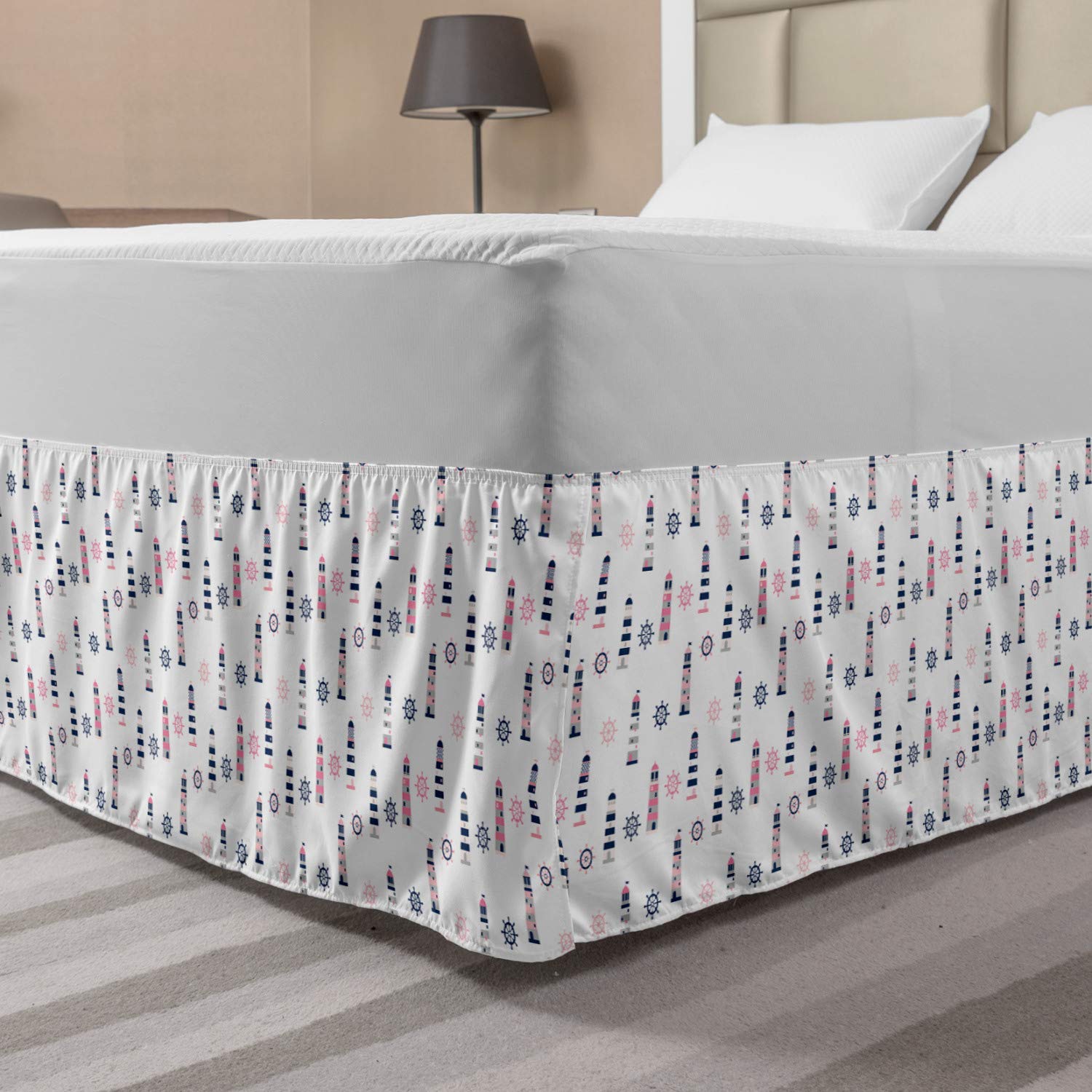 Ambesonne Nautical Bed Skirt - Sea Coast Theme with Steering Wheel & Lighthouse Design, Elastic Wrap Around Dust Ruffle for Queen Size Beds, Pastel Pink Pearl Indigo - Perfect for Coastal Bedroom Decor & Beach House Styling