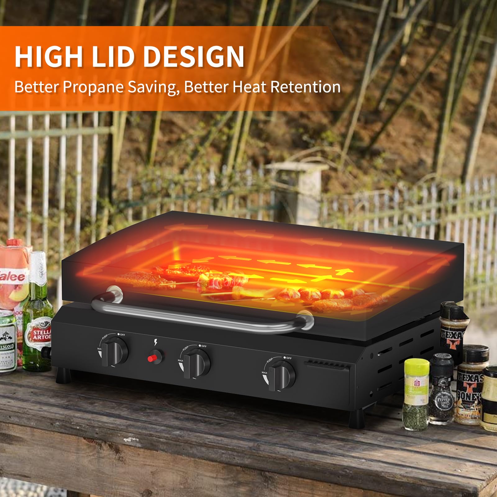 SKOK 3 Burner Gas Griddle with Hood - 23.3 Inch Outdoor Propane Griddle - 45000 BTU Portable Flat Top Gas Grill for Camping, Backyard BBQ & Tailgating - Perfect for Outdoor Cooking, Picnics & Family Gatherings