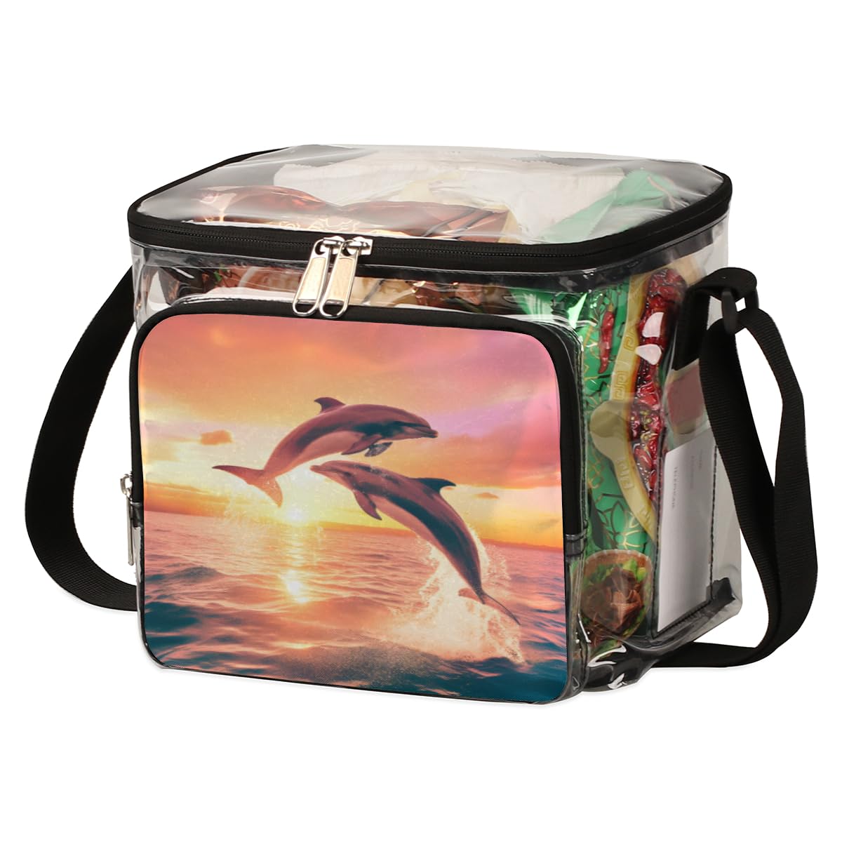 Dolphin Print Clear Tote Bag with Handles - Transparent Crossbody Shoulder Beach Bag for Lunch, Outdoor, Travel, Picnic, Concerts & Sports Events | Stadium Approved Waterproof PVC Bag for Women & Kids | Perfect for Beach Days, Pool Parties & Summer Outings