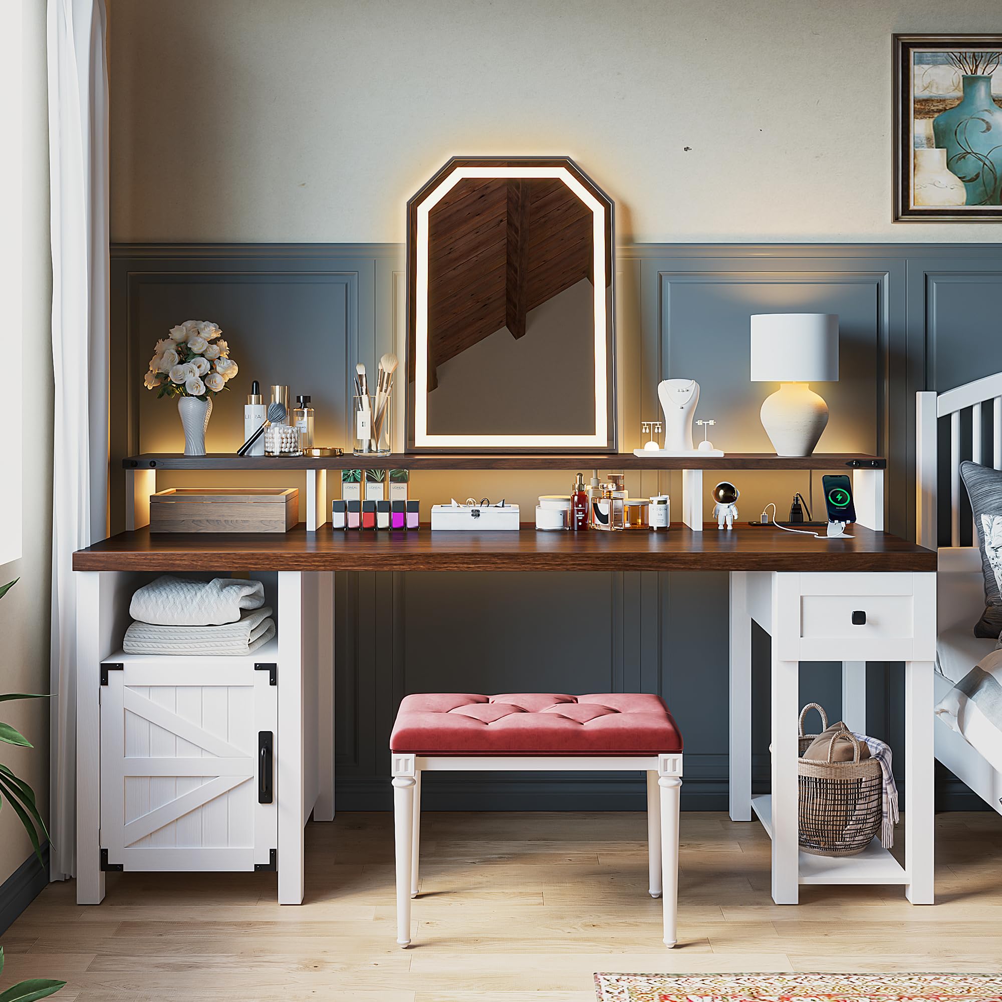 Farmhouse Office Desk with Drawers & Power Outlets - 55