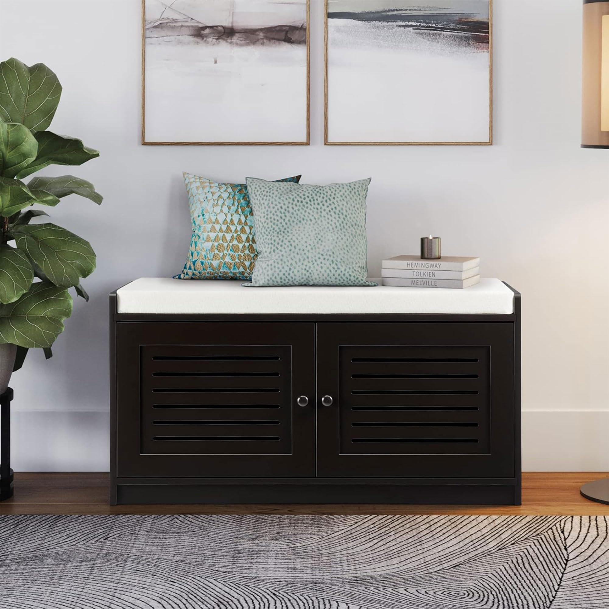 Wooden Shoe Storage Bench with Cushion & Adjustable Shelves - Entryway Organizer for Shoes, Boots & Accessories - Espresso Finish Living Room, Bedroom & Hallway Furniture for Home Decor