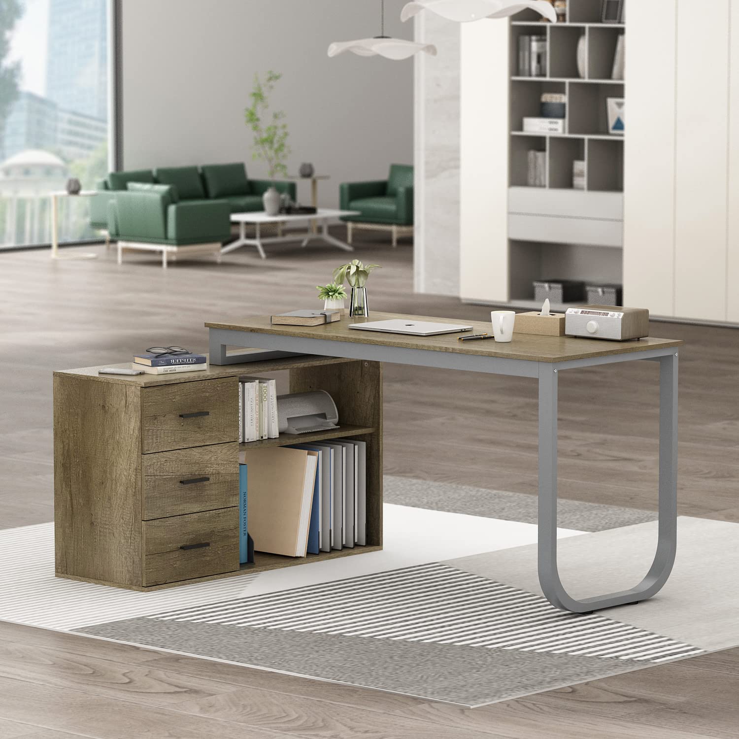 AGOTENI 55 Inch L-Shaped Corner Desk for Home Office - Computer Desk with 3 Drawers, 2 Shelves & Storage Cabinet, Large Study Writing Table (Welnut Finish) - Perfect for Small Spaces, Gaming Setup & Remote Work