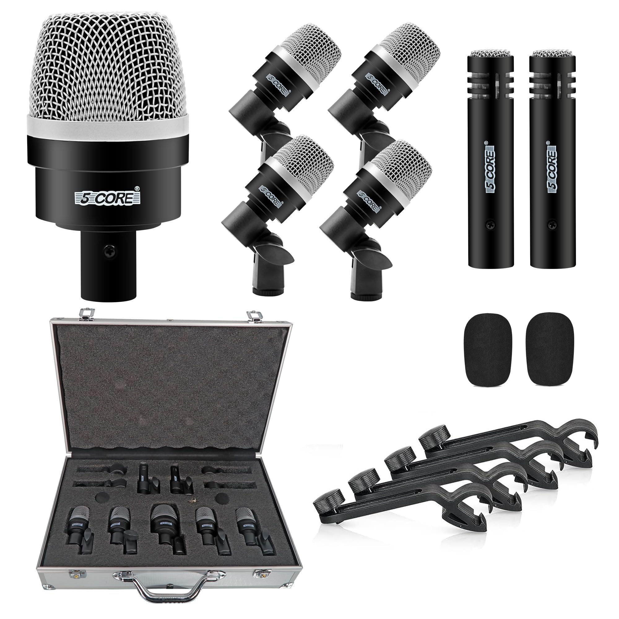 5 Core 7-Piece Drum Microphone Kit - Dynamic XLR Mics for Kick, Bass, Tom, Snare & Cymbals - Complete Drum Mic Set with Clips, Inserts, Holder & Case (DM-7ACC, Black) - Perfect for Live Performances, Studio Recording & Drum Practice