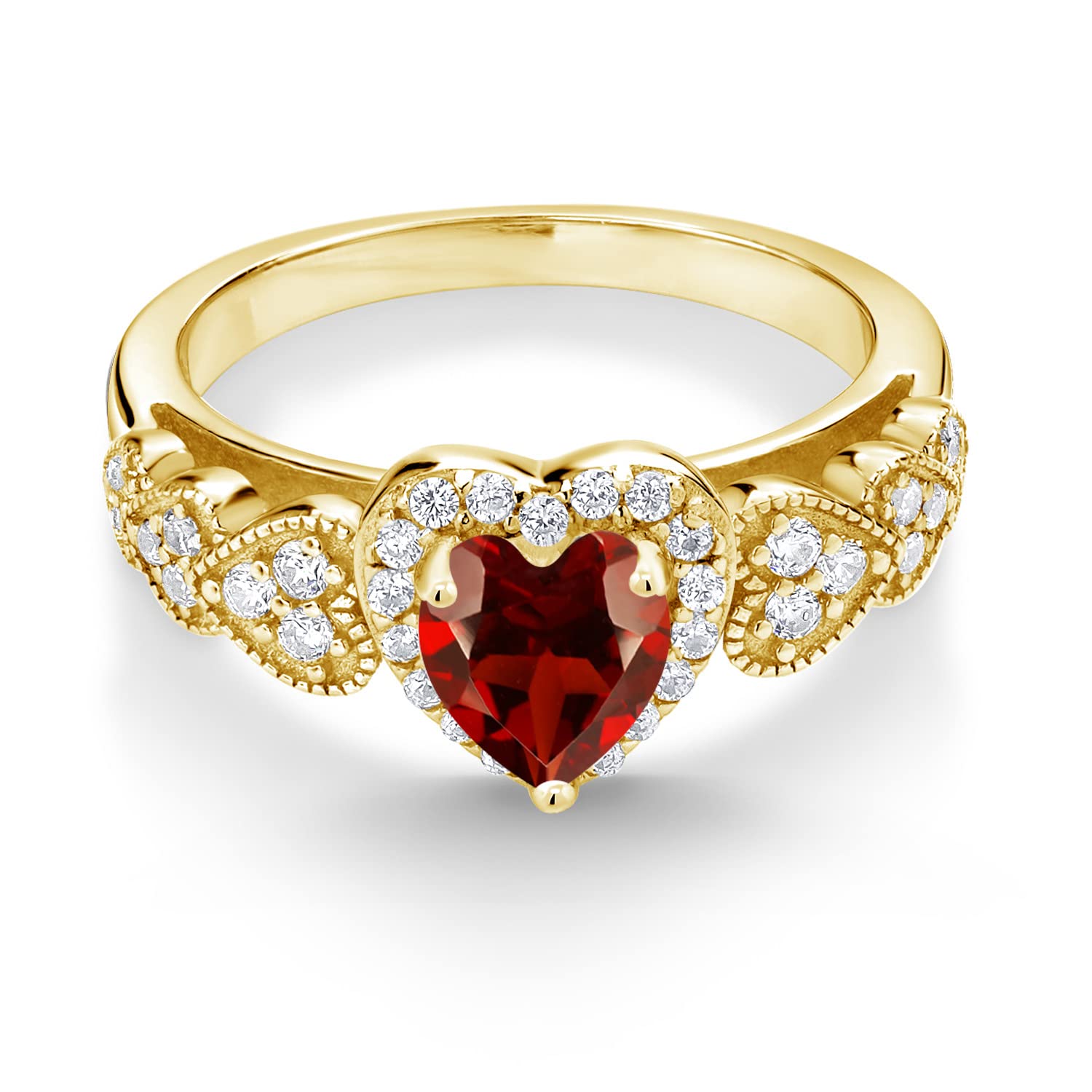 18K Yellow Gold Plated Silver Ring Set with Heart Shape Garnet & Moissanite (1.18 Cttw) - Elegant Jewelry for Valentine's Day, Anniversary & Romantic Gifts