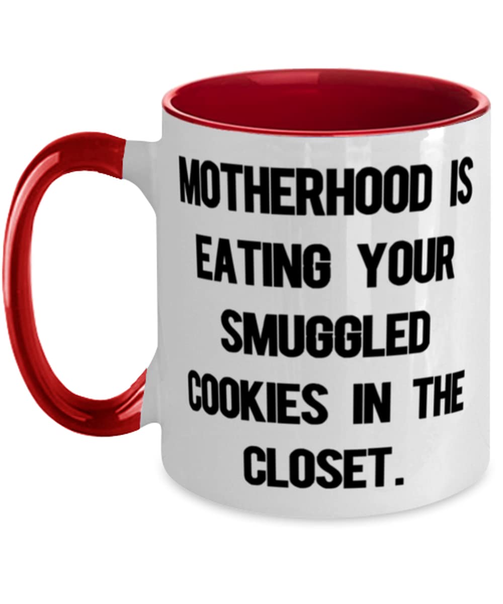 Funny Mother's Day Gift - 'Motherhood Is Eating Your Smuggled Cookies In The Closet' Novelty 11oz Two-Tone Coffee Mug - Perfect Gift from Son or Daughter for Mom - Great for Coffee, Tea & Secret Snacking Moments