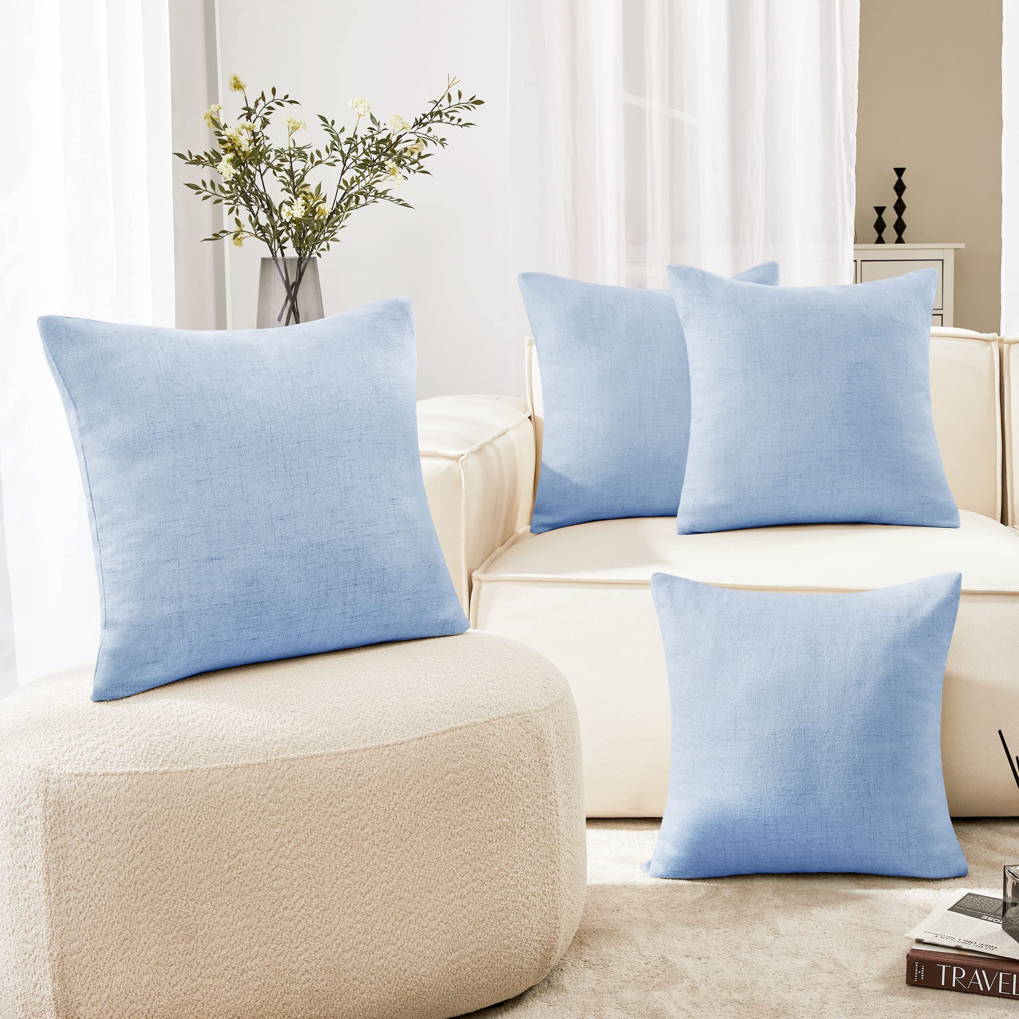 Deconovo 22x22 Inch Blue Throw Pillow Covers - Set of 4 Faux Linen Decorative Cushion Cases for Sofa, Bed & Home Decor (Sky Blue, No Insert) - Perfect for Living Room, Bedroom & Cozy Spaces