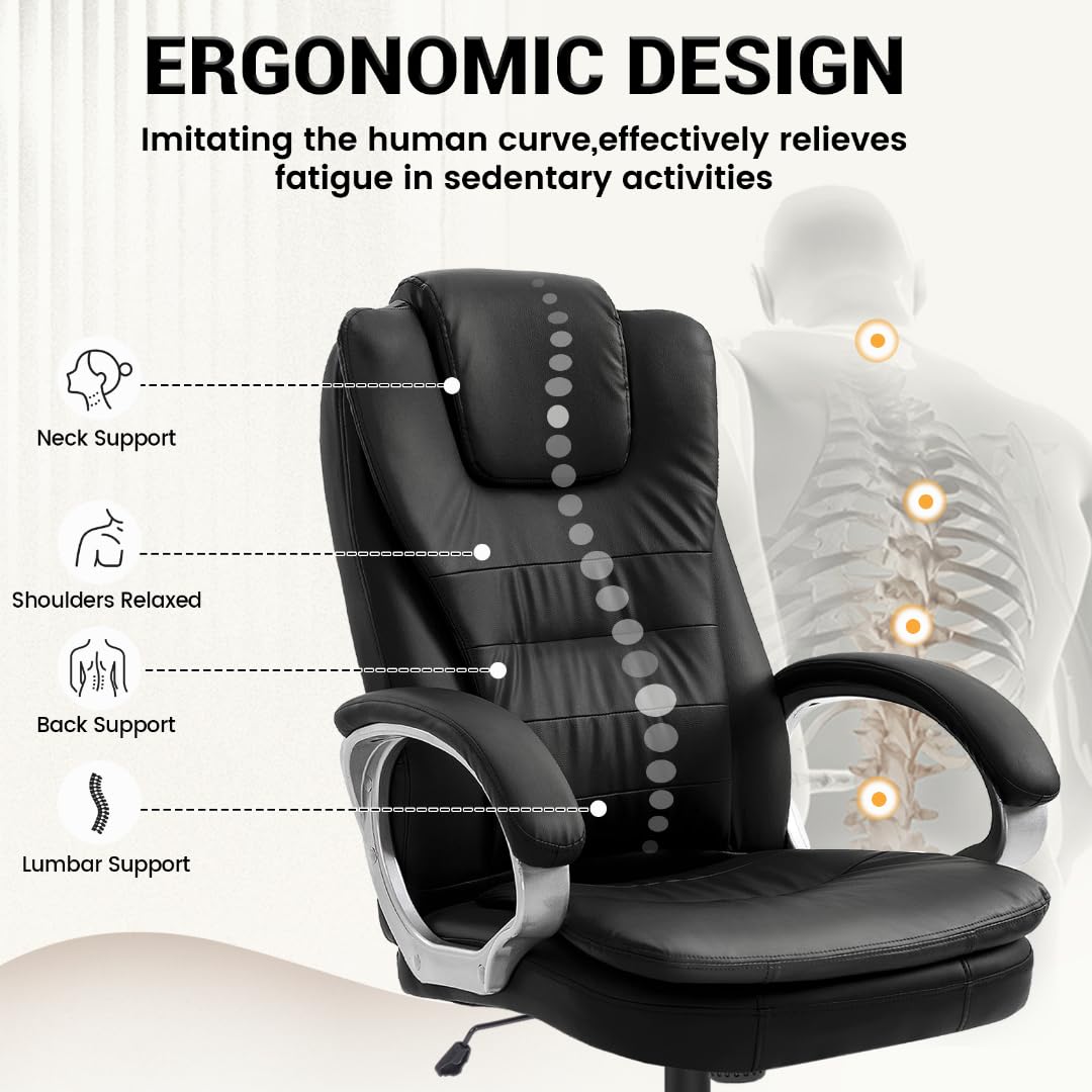 HLDIRECT Ergonomic Office Chair - High Back Executive Computer Chair with Adjustable Height, Rocking Function & Padded Armrests - PU Leather Desk Chair for Home Office - Perfect for Long Work Hours & Gaming Sessions