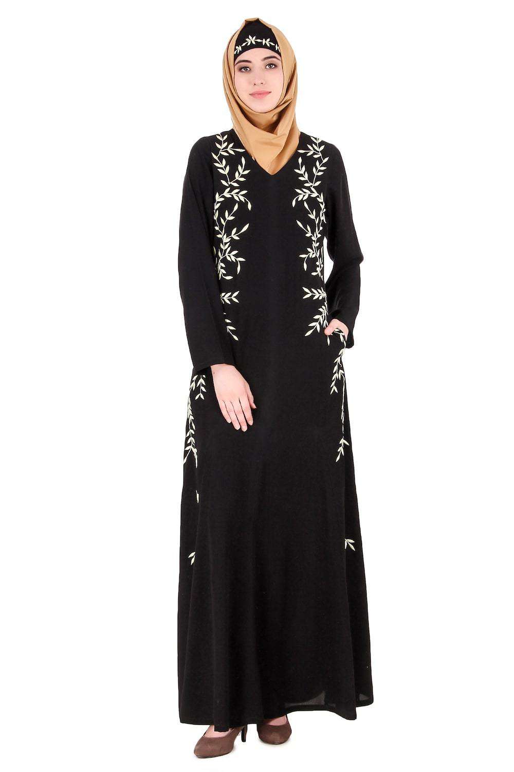 Elegant Black Nida Leaf Embroidered Abaya Dress - Islamic Modest Prayer Dress for Women - Perfect for Eid, Ramadan & Special Occasions