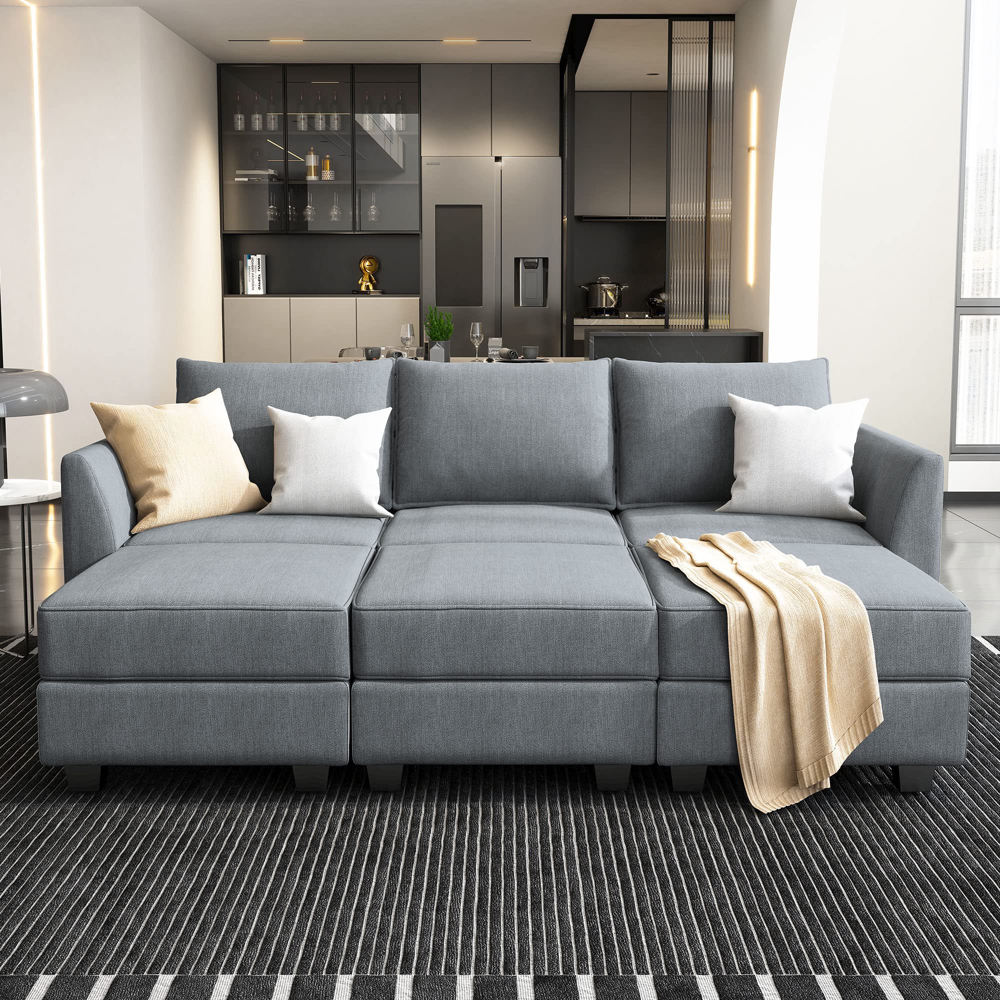 HONBAY Modular Sectional Sleeper Sofa with Storage | Convertible Reversible Chaise Sectional Couch for Living Room | Bluish Grey | Perfect for Small Spaces, Guest Rooms & Home Theater Lounging