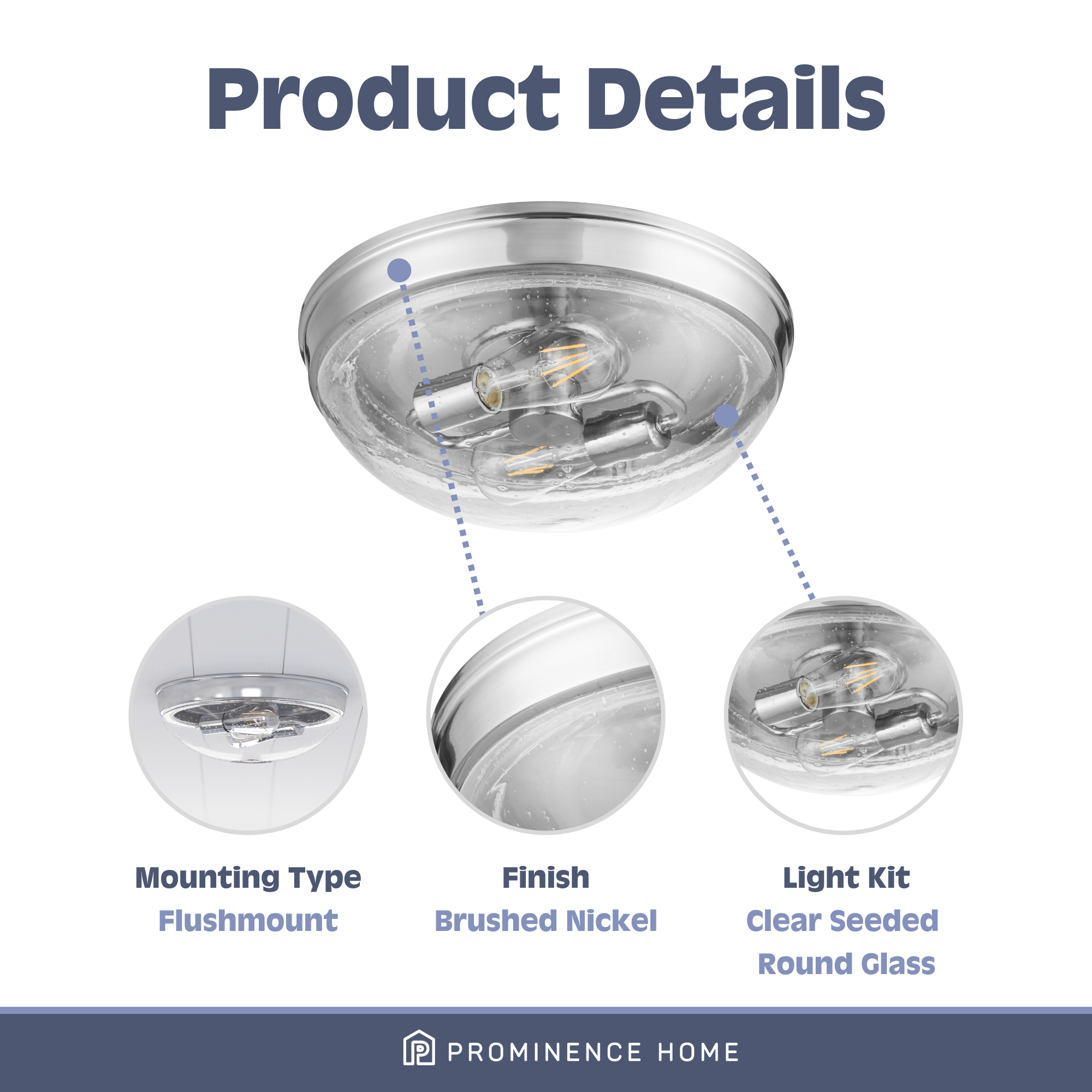 Madalyn Dome Flushmount Light Fixture - Clear Seeded Glass with Brushed Nickel Finish | Modern Ceiling Lighting for Bedroom, Kitchen & Hallway