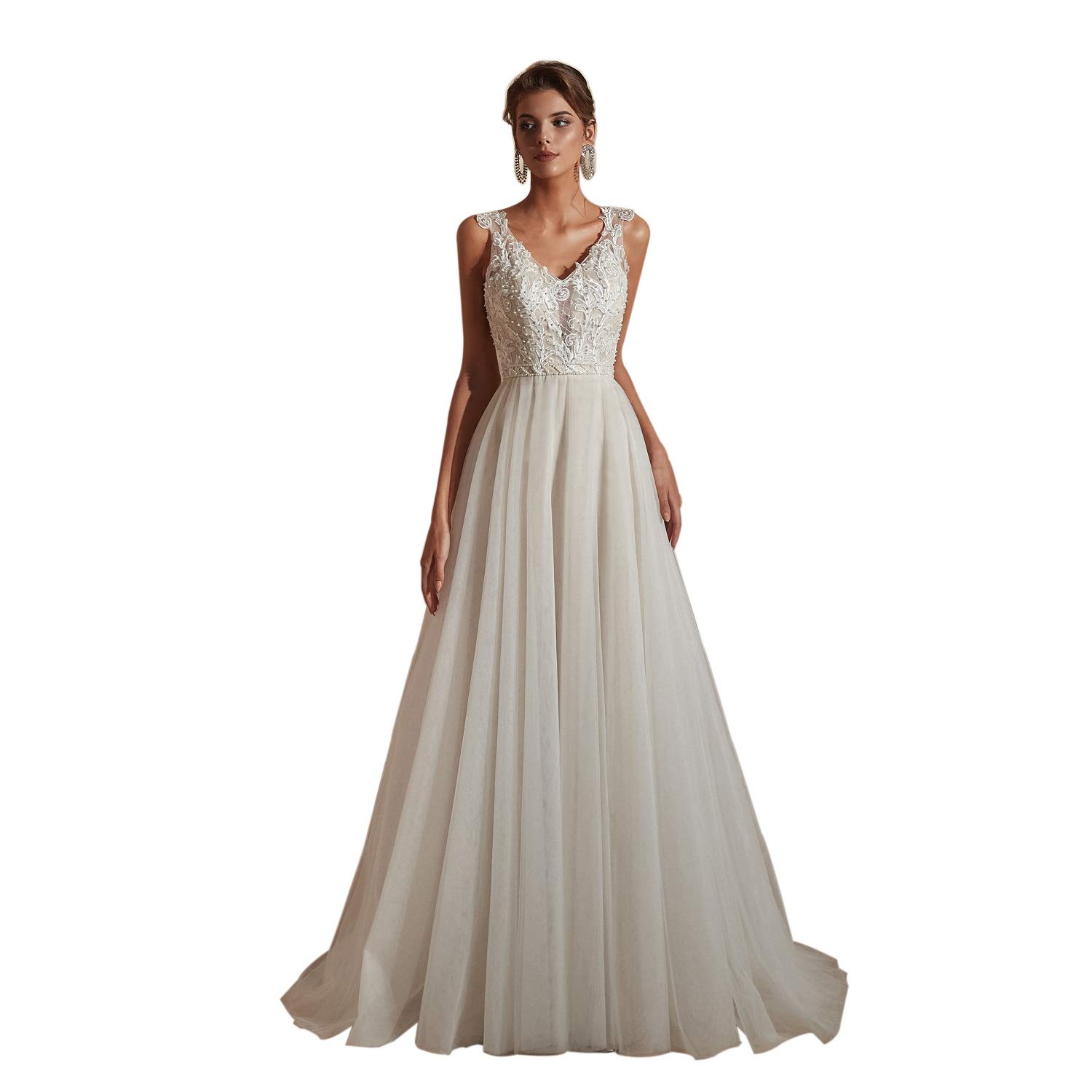 Leyidress Ivory Beaded A-Line Wedding Dress for Women – Elegant Bridal Gown for Church, Beach & Outdoor Ceremonies