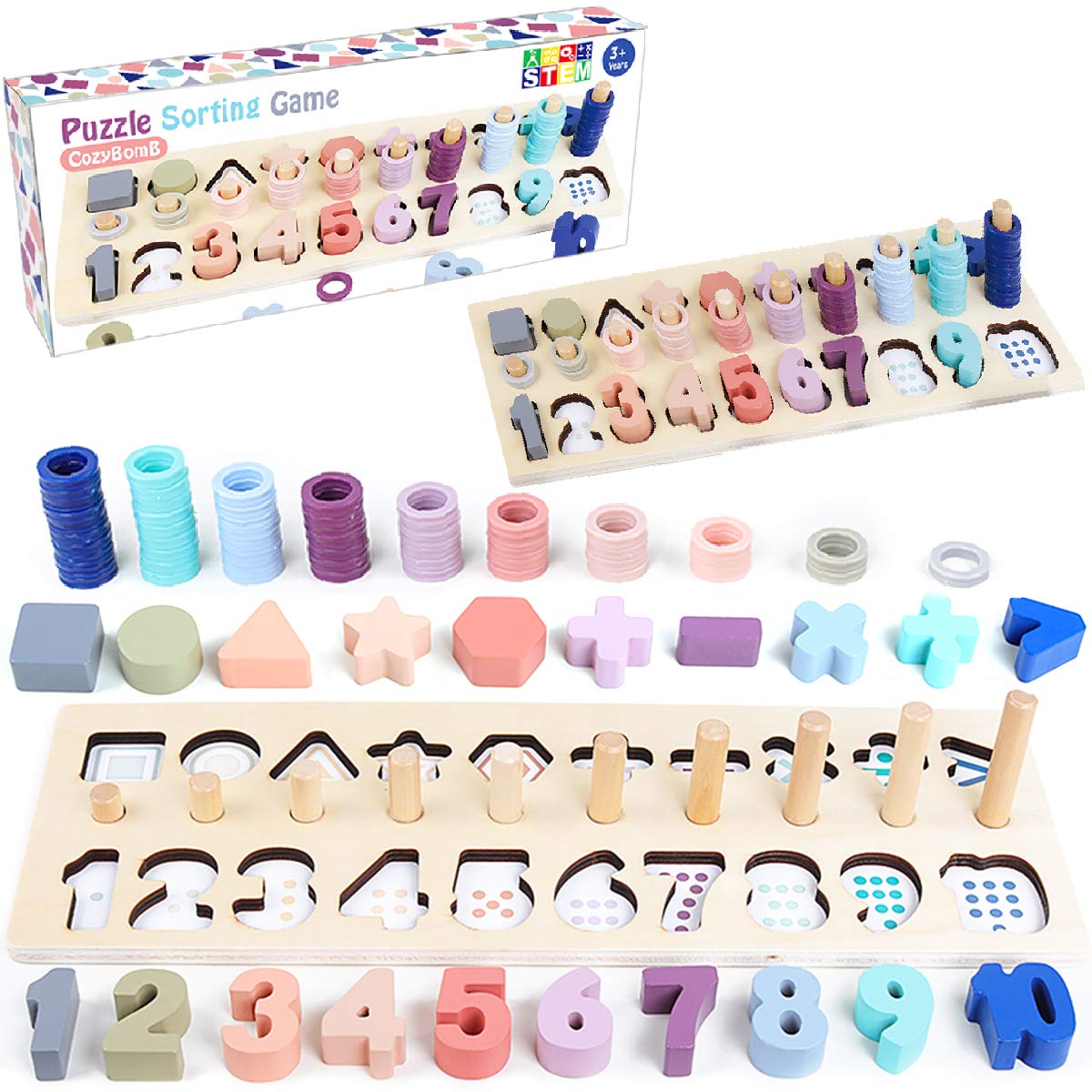 Montessori Wooden Shape & Number Puzzle Blocks - Educational Preschool Learning Toys for Boys & Girls | CozyBomB Macaron Color | Perfect for Homeschooling, Daycare & Early Childhood Development