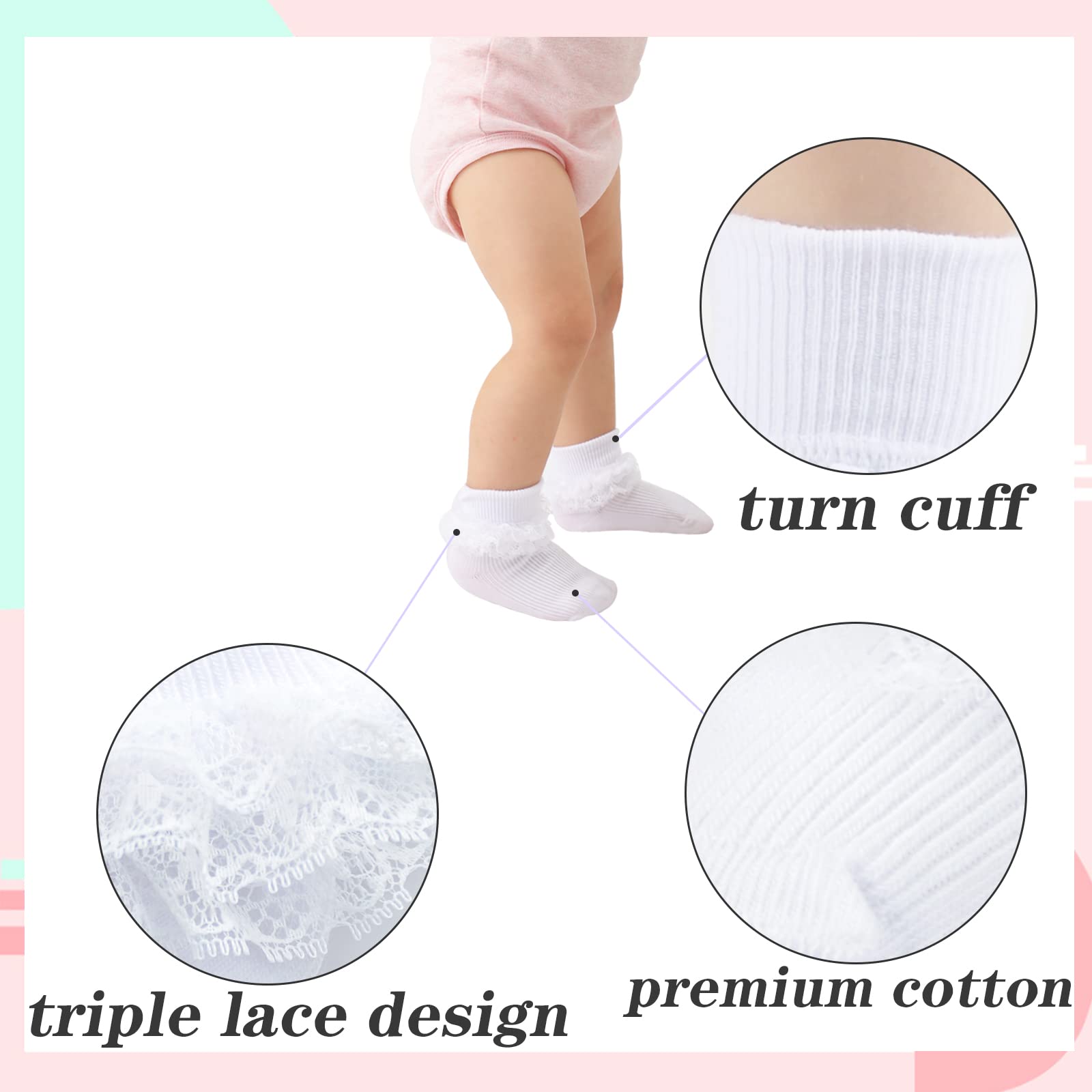 Baby Girl Socks with Eyelet Triple Lace Ruffles - 2/3/5 Pairs Ankle Dress Socks for Newborn Infant Toddler - Perfect for Special Occasions, Photo Shoots & Everyday Wear