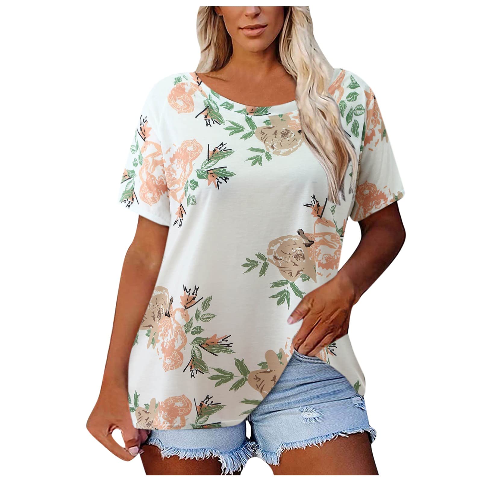 Women's Floral Short Sleeve T-Shirt - Casual Crew Neck Blouse Top for Summer, Outfits, Travel & Daily Wear