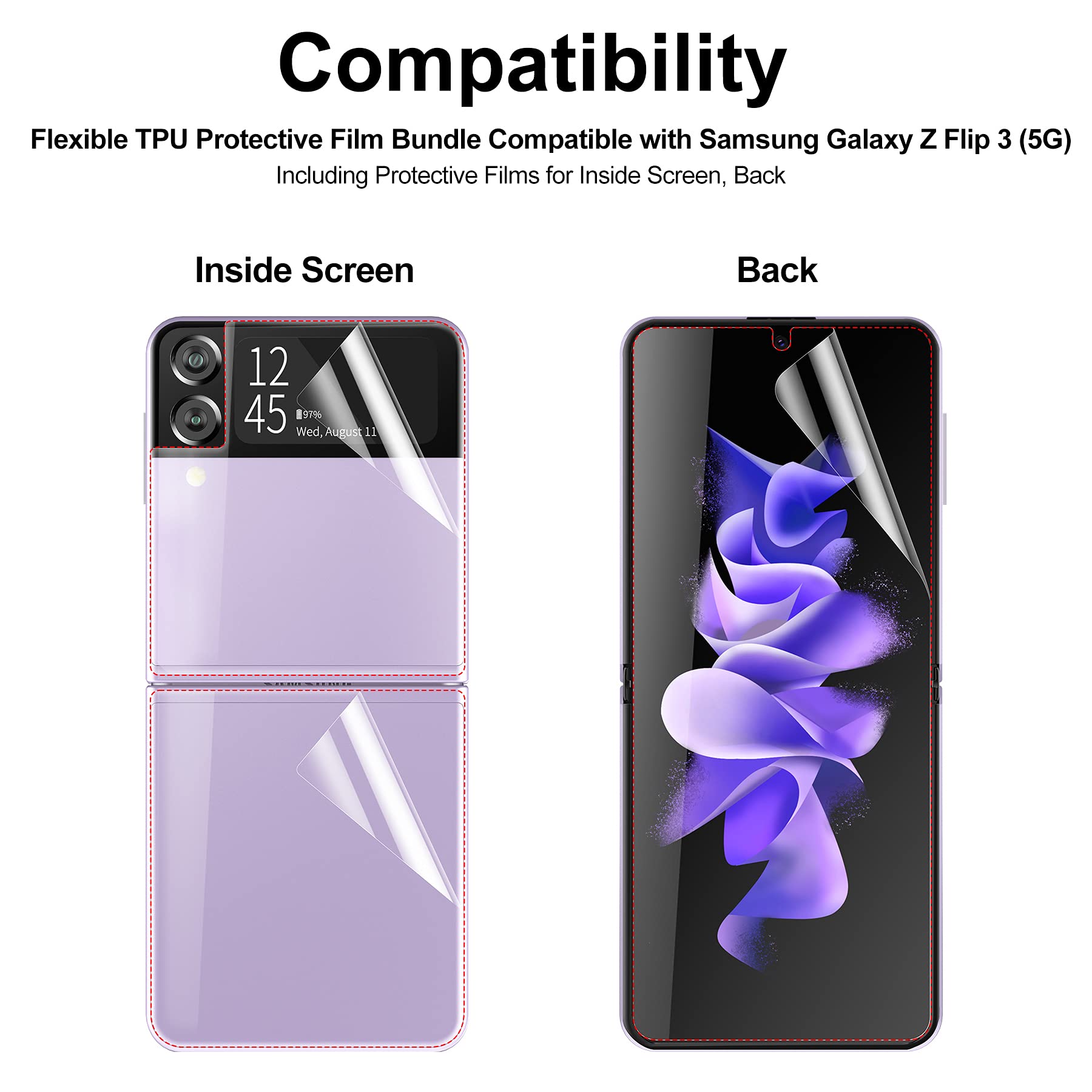 Foluu 6-Piece Screen Protector Set for Samsung Galaxy Z Flip 3 5G (2021) - 2x Front, 2x Inside, 2x Back Screen Protectors - Bubble-Free Installation - Perfect for Everyday Protection & Scratch Prevention