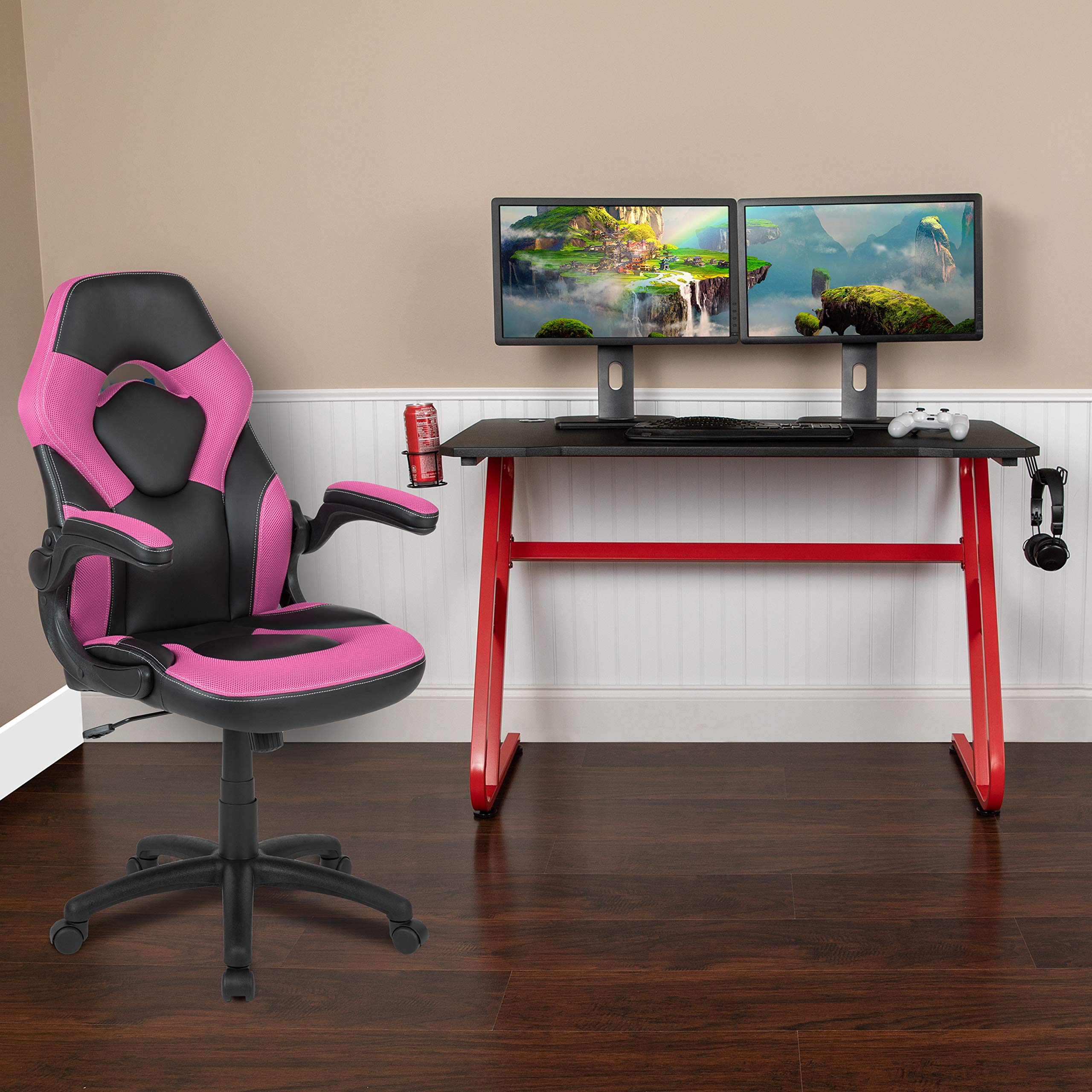 EMMA + OLIVER Gaming Desk Set with Red Desk, Cup Holder, Headphone Hook & Pink Gaming Chair - Perfect for PC & Console Gaming Setup, Streaming & Home Office