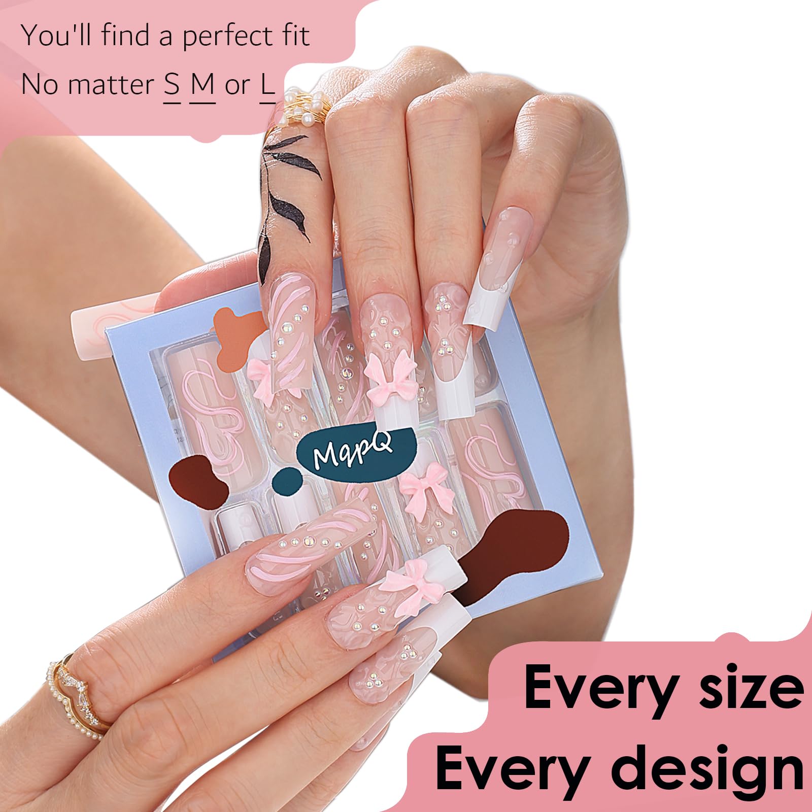Cute Long Press On Nails Square Fake Nails - 24pcs 3D Gel Heart & Pink Bow French Design Acrylic Full Cover False Nails for Women | Perfect for Parties, Weddings & Daily Wear