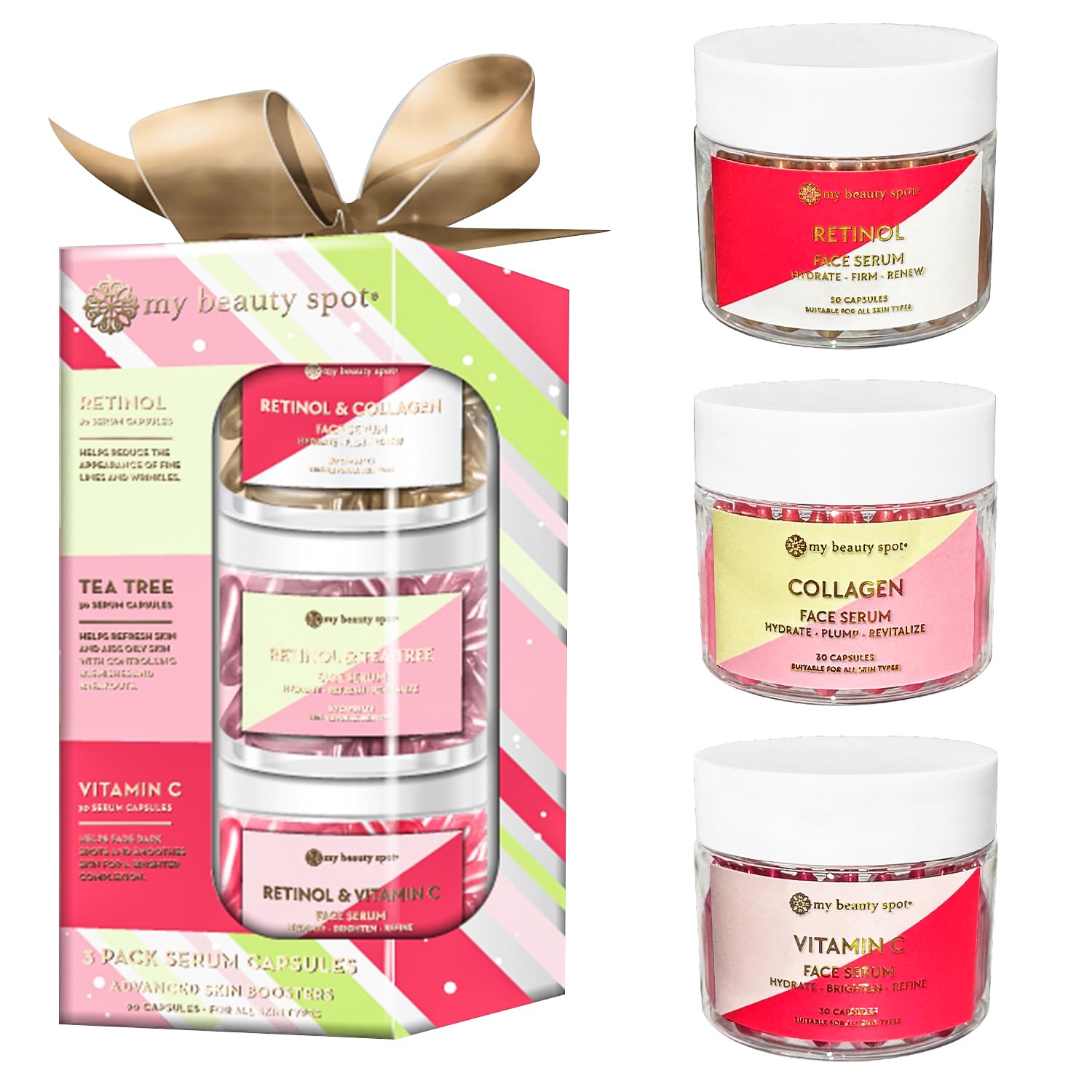 My Beauty Spot Facial Serum Capsules 3 Pack (90pcs) - Retinol Serum, Collagen Serum & Vitamin C Serum for Face - Anti-Aging, Anti-Wrinkle & Skin Brightening Treatment - Perfect for Night Routine, Travel Skincare & Daily Hydration Boost