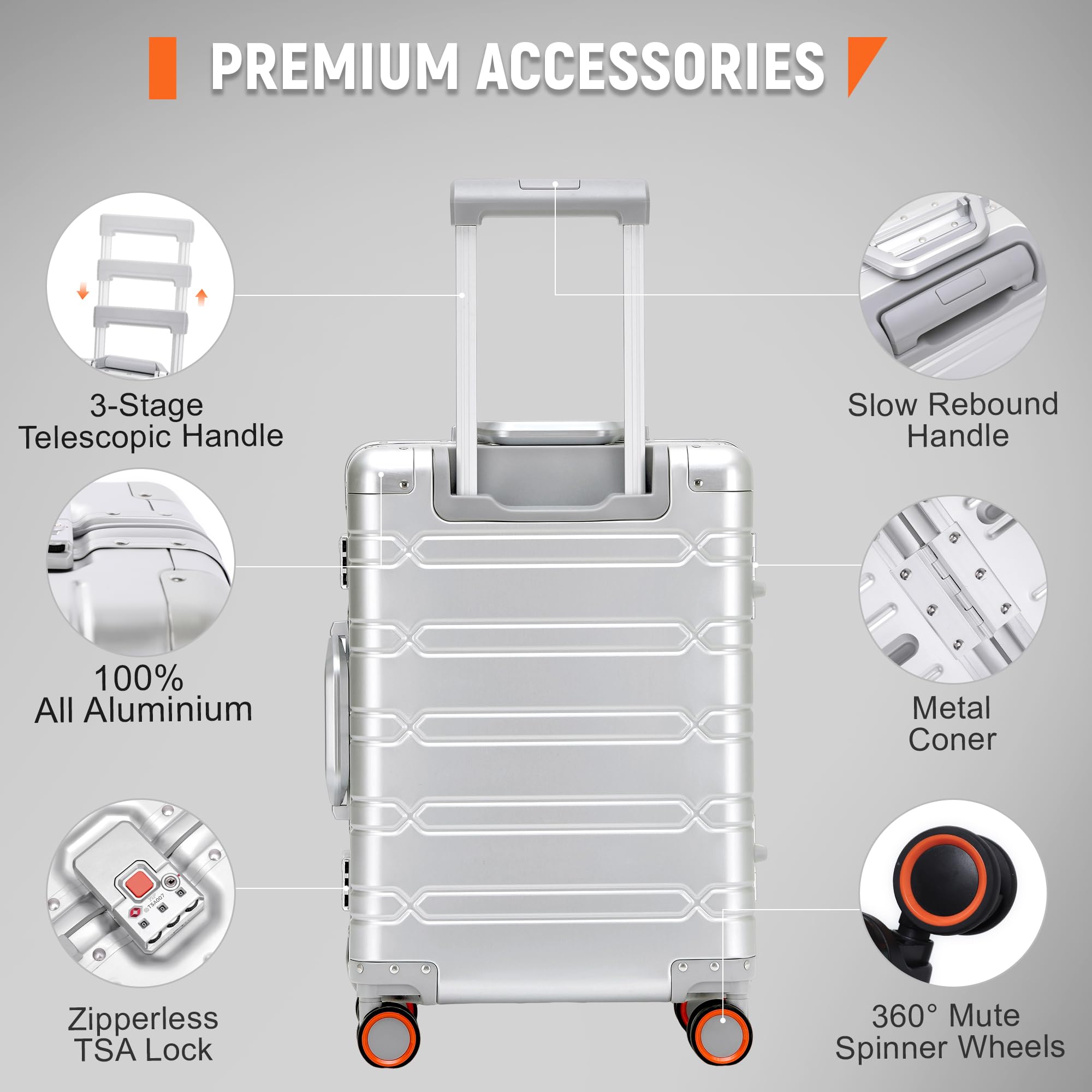 22x14x9 Inch All Aluminum Airline Approved Carry On Luggage - 20 Inch Hard Shell Spinner Suitcase with Zipperless Design (Silver) - Perfect for Business Travel & Weekend Getaways