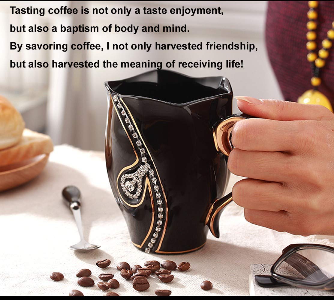 Sparkling Rhinestone Coffee Mug - Elegant Ceramic Water Cup for Office & Home Use - Unique Gift for Women with Spoon Included (Black) - Perfect for Coffee, Tea, Hot Chocolate & Daily Beverages