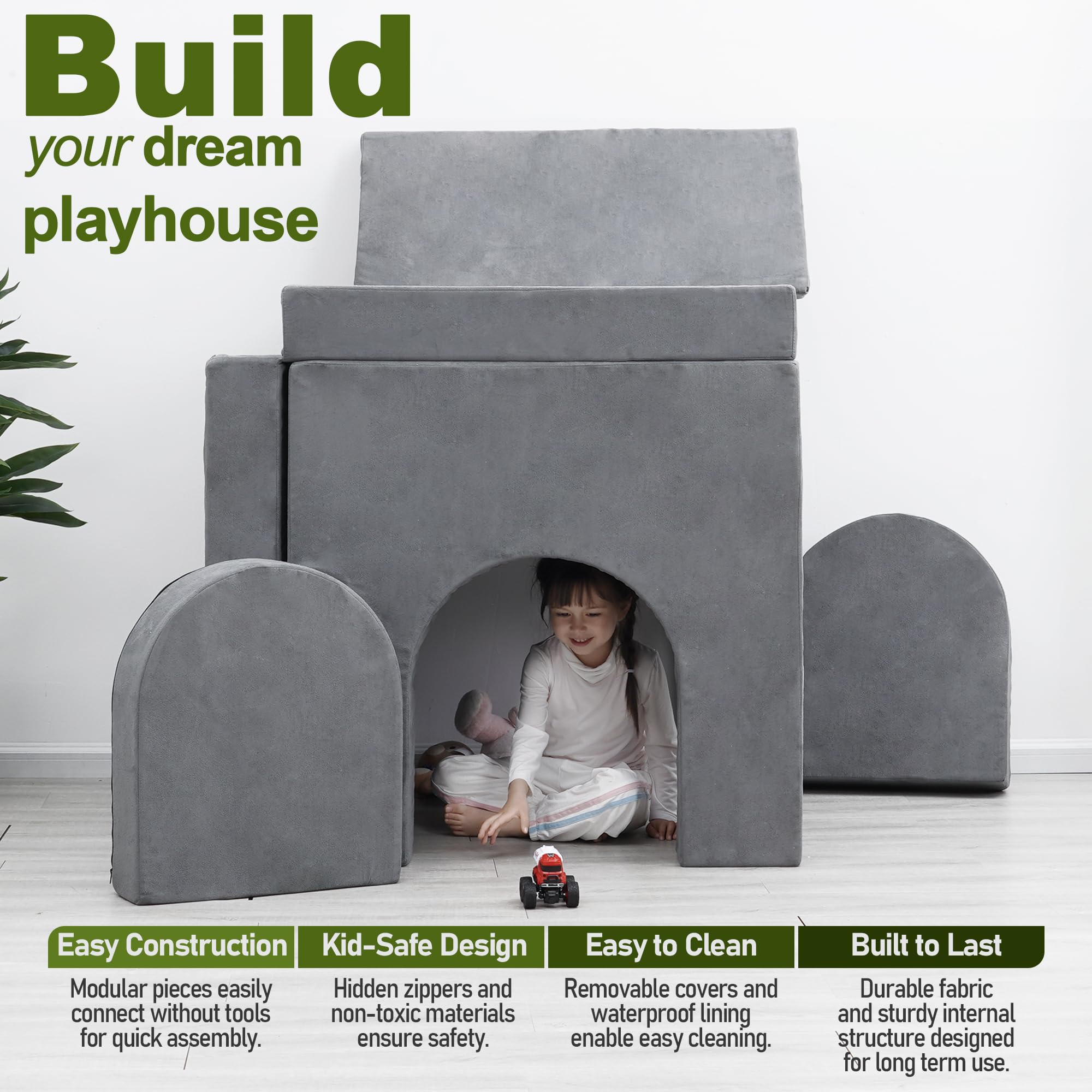 8PCS Modular Kids Play Couch - Convertible Foam Sofa Bed for Boys & Girls, Toddler Playroom Furniture for Building Forts & Indoor Play (Grey) | Perfect for Playrooms, Bedrooms & Homeschooling Spaces