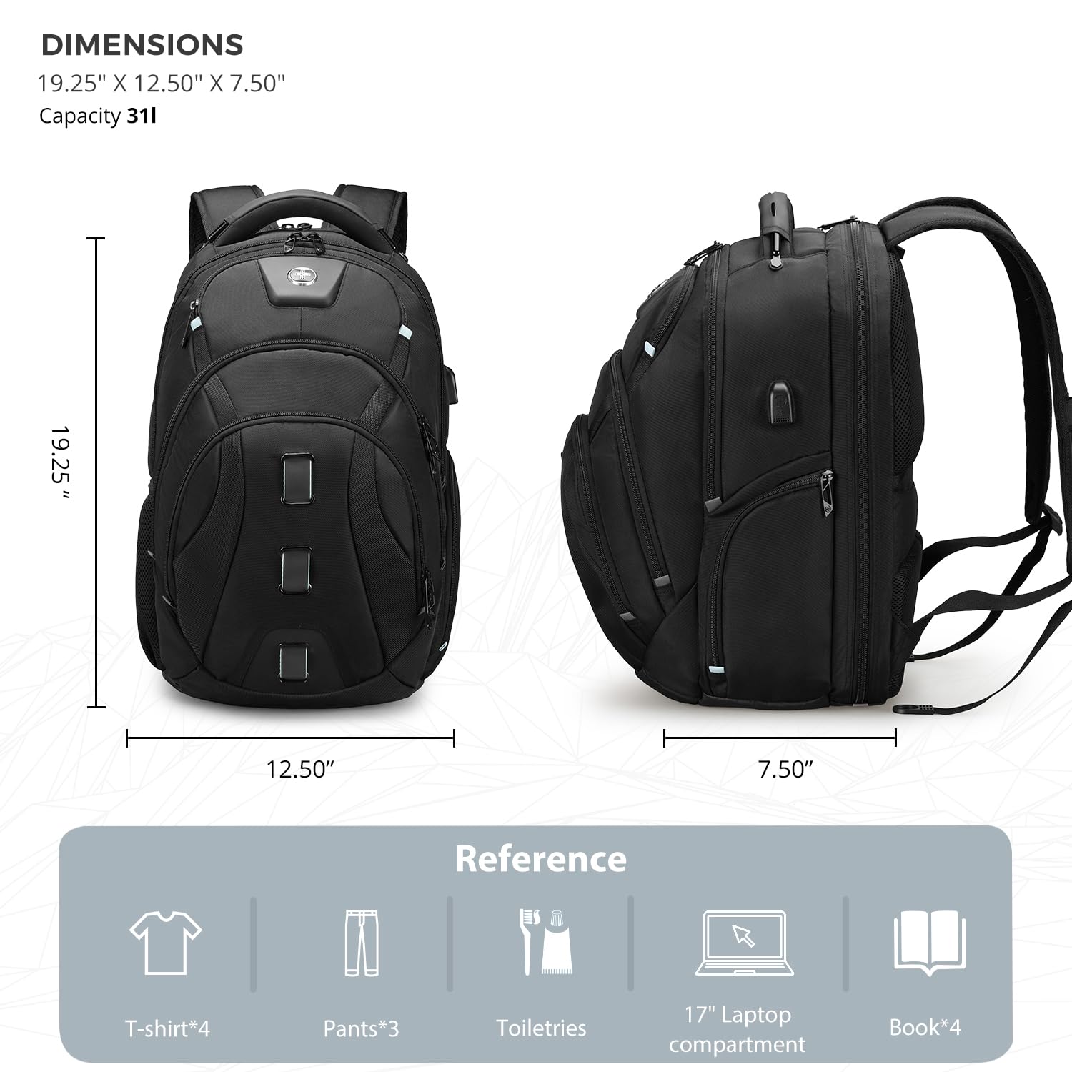 Swissdigital Men's Travel Laptop Backpack - Large Capacity TSA Approved USB Charging RFID Protection Business Backpack for College & Work - Fits 17 Inch Laptops (Black) | PIXEL PRO - Perfect for Business Trips, Commuting & Daily Office Use