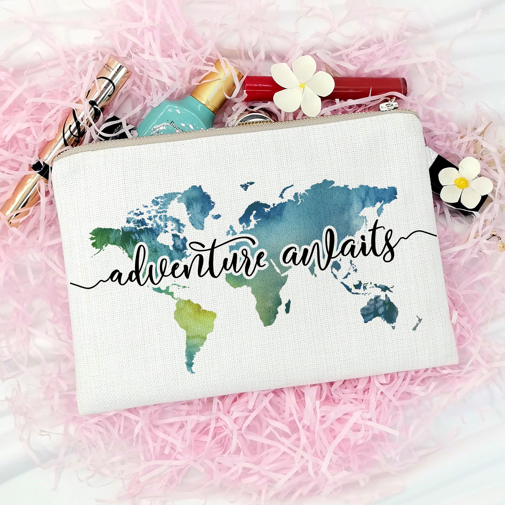 Premium Travel Makeup Bag - Waterproof Cosmetic Organizer with World Map Design, Durable Linen Fabric - Perfect Gift for Women Travelers | Ideal for Vacations, Camping & Business Trips