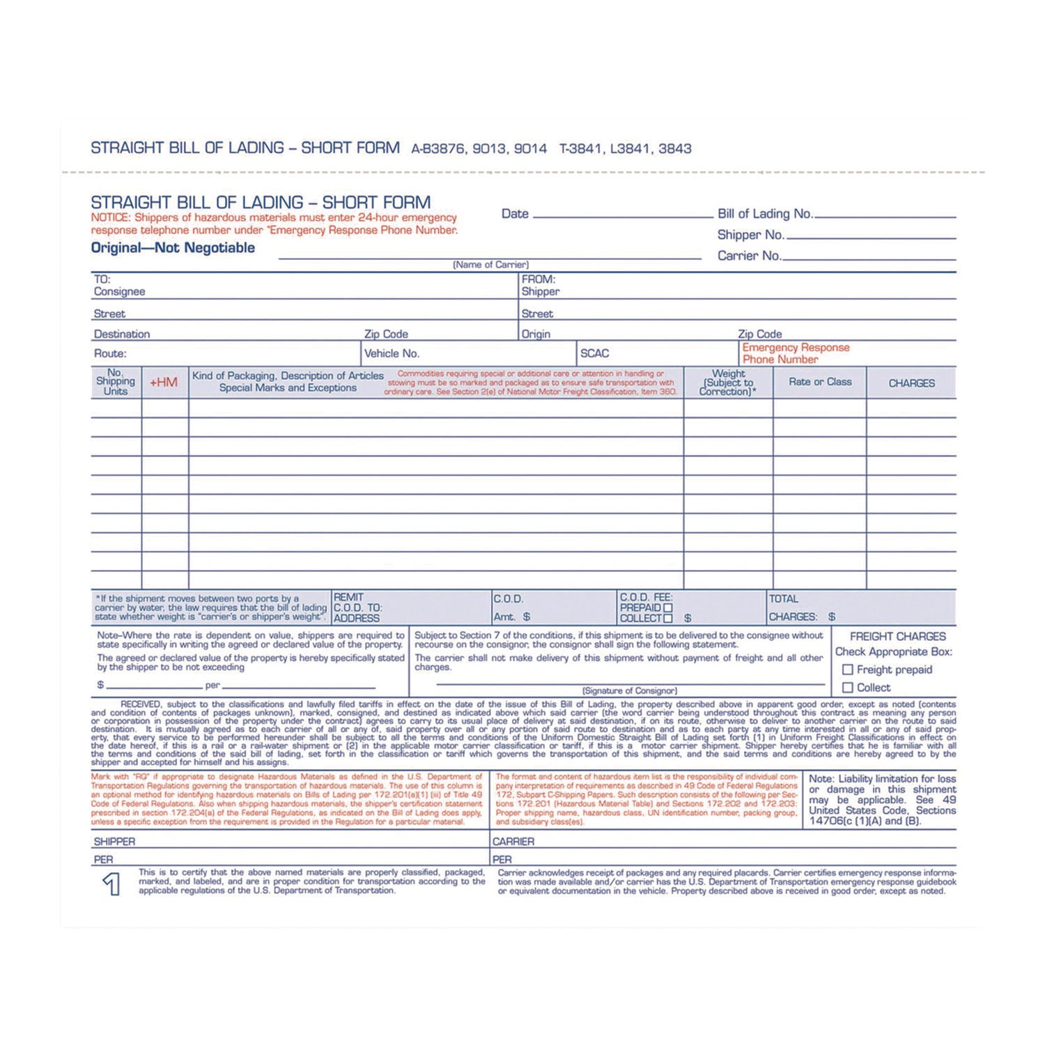 Adams® Bill of Lading Short Form - 3-Part Carbonless Copy, 8.5