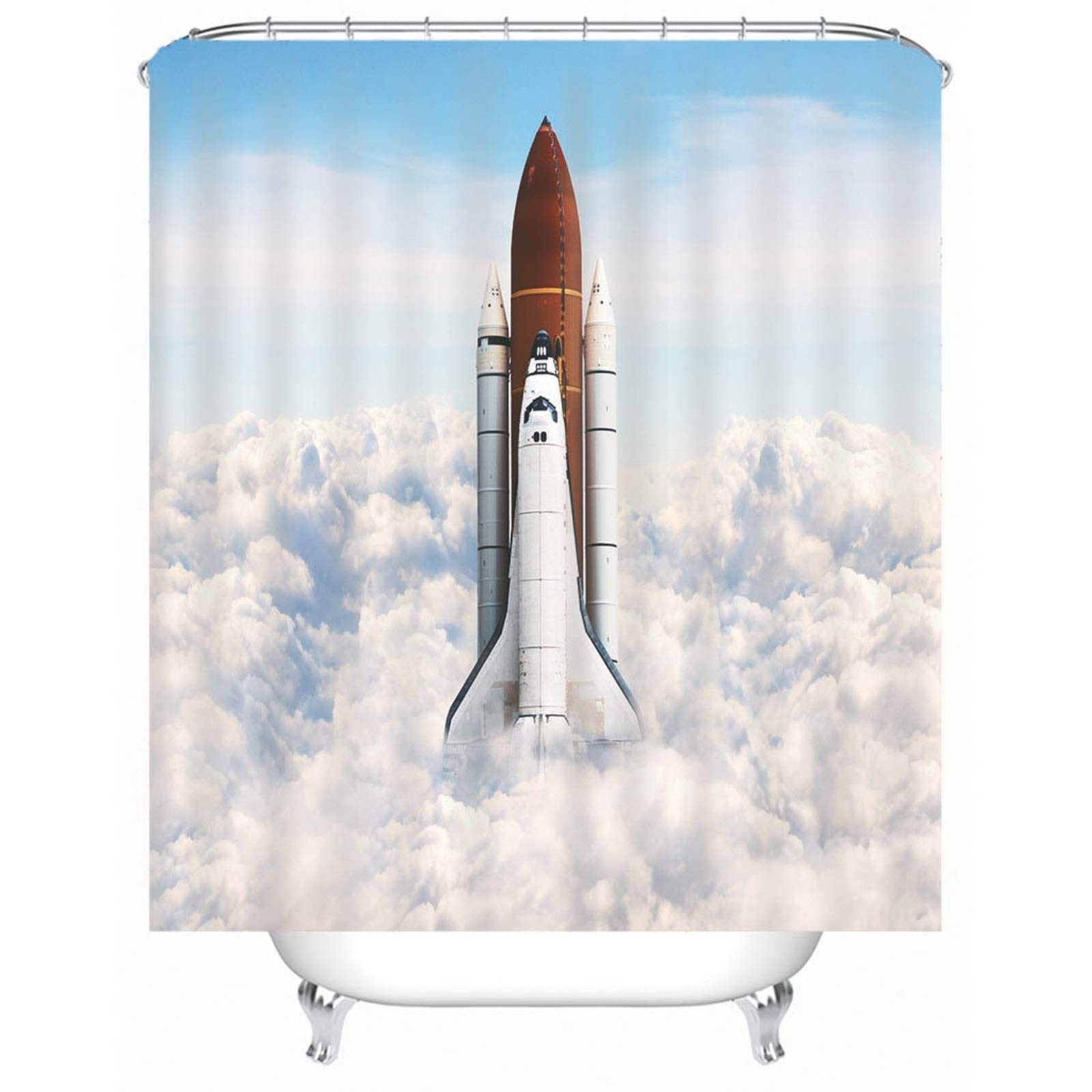 Banemi Polyester Bathroom Shower Curtain with Hooks - 71x79 Inch Rocket Sky Cloud Pattern, Waterproof & Mold Resistant for Bath, Shower, or Kids Room Decor - White
