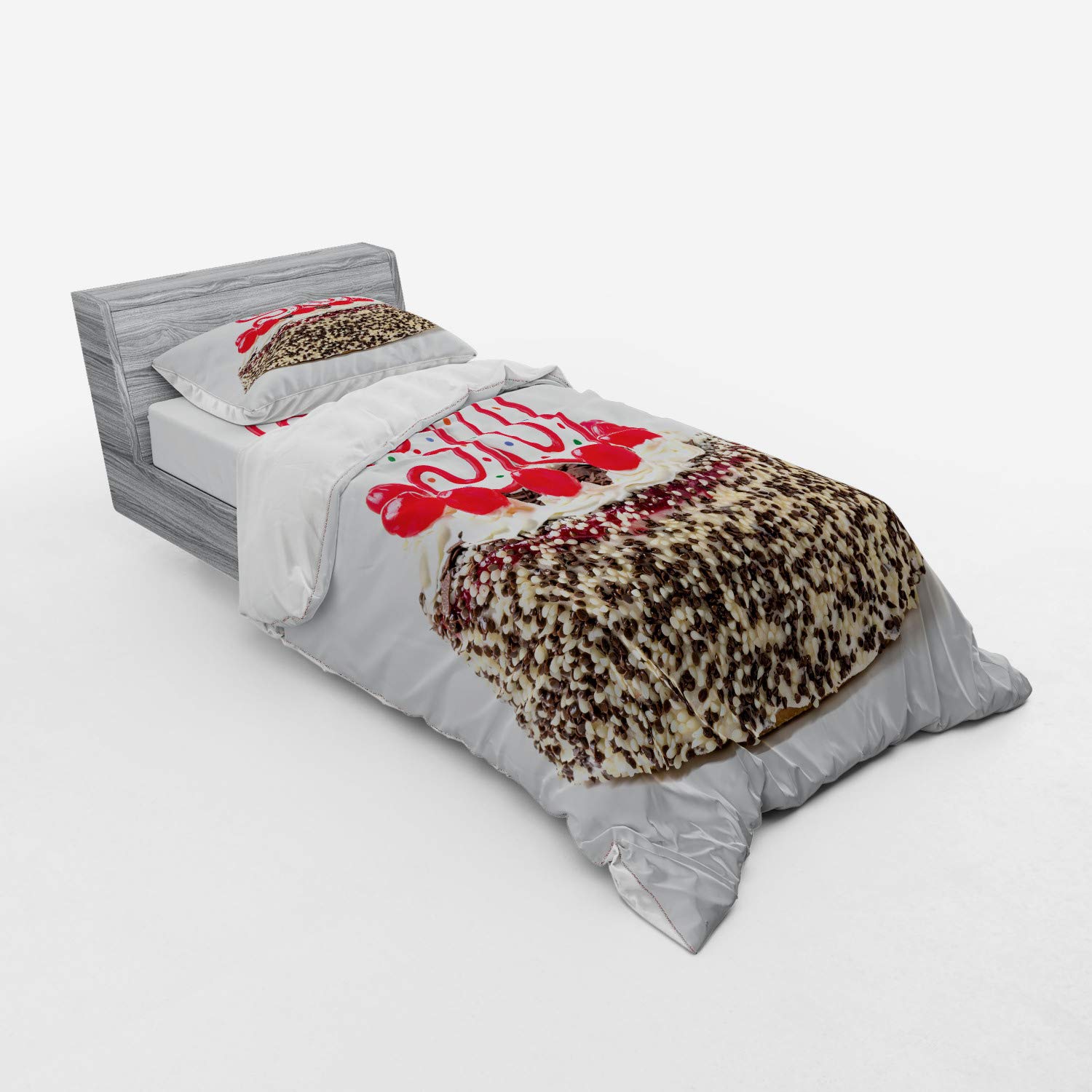 Ambesonne 90th Birthday Cake Duvet Cover Set - 3 Piece Twin Size Bedding with Sham & Fitted Sheet - Red Brown White Cherry Theme for Birthday Celebrations & Guest Room Decor