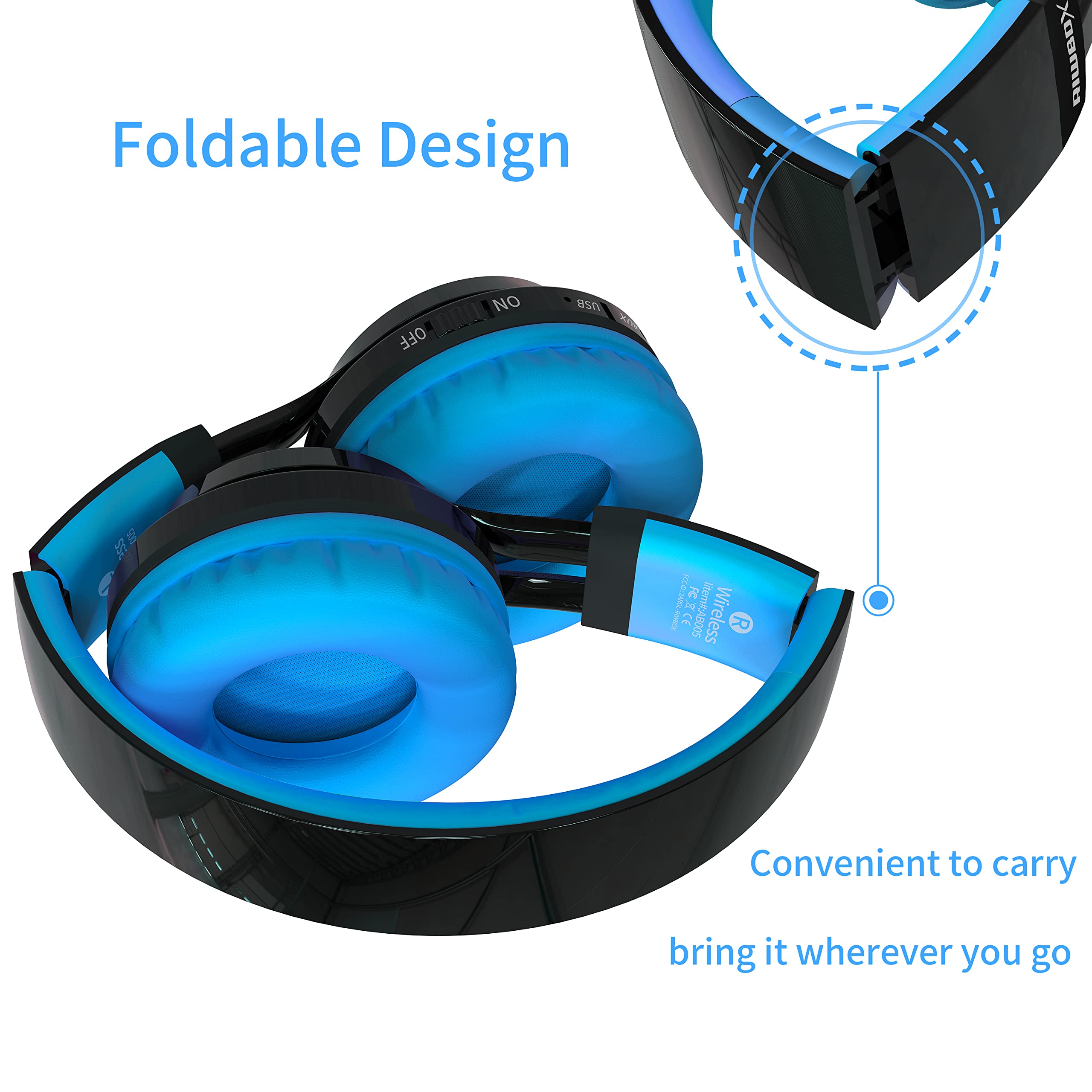 Riwbox AB005 Kids Wireless Bluetooth Headphones V5.2 with Microphone, Foldable Design, TF Card Slot, FM Radio & LED Lights - Compatible with Phones, PC, TV (Black & Blue) - Perfect for School, Travel, and Home Entertainment