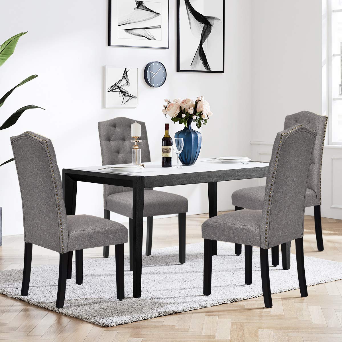 Giantex 4-Piece Tufted Fabric Dining Chair Set with Nailhead Trim - Modern Upholstered Parsons Chairs with Padded Seat & Tall Backrest - Perfect for Kitchen, Dining Room, Breakfast Nook & Home Decor