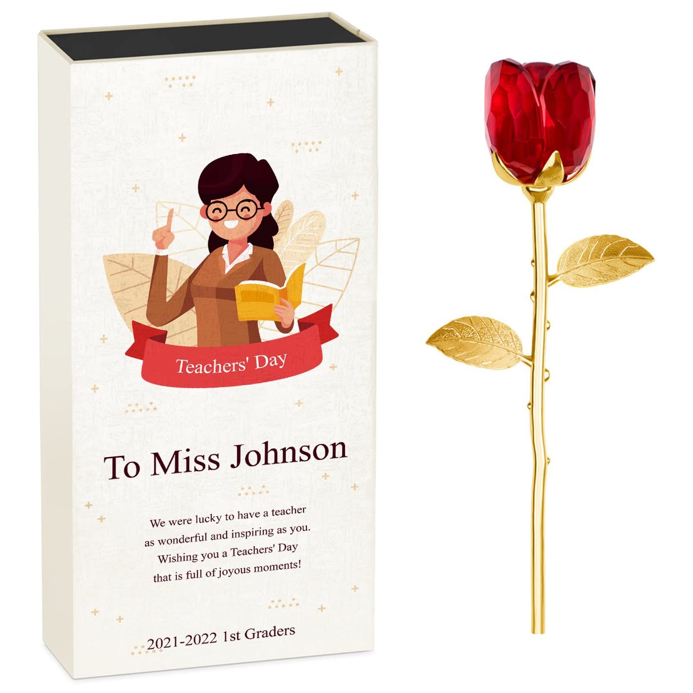 Maverton Crystal Rose Glass Flower Figurine with Golden Stem - Elegant Gift for Women, Men, Teachers & Graduation - Custom Gift Packaging Included - Perfect for Home Decor, Office Desk, Wedding Centerpiece & Thank You Gifts