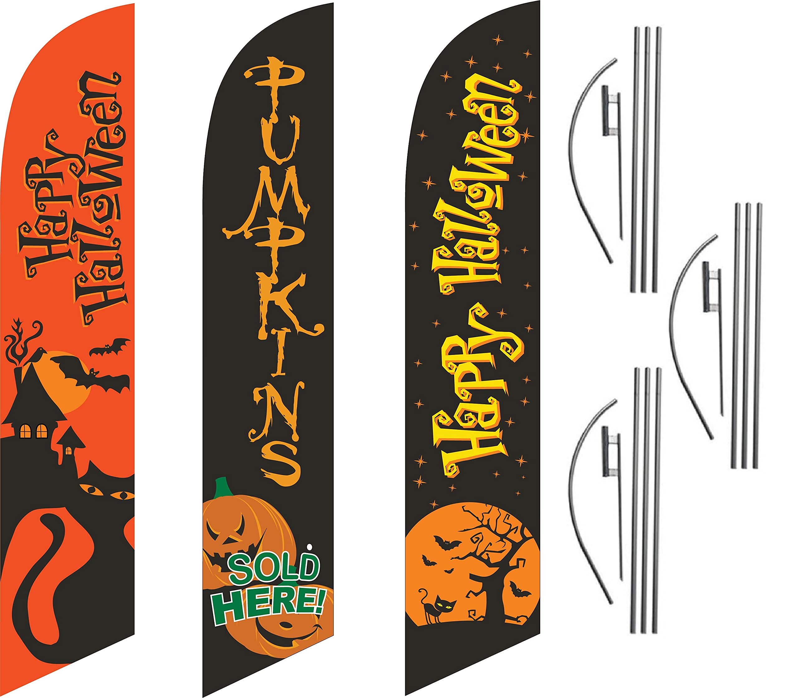 Halloween Orange & Black Pumpkin Feather Flags - Complete Decor Kit with 3 Flag Poles & Ground Spikes | Outdoor Yard, Party & Store Decoration for Spooky Season