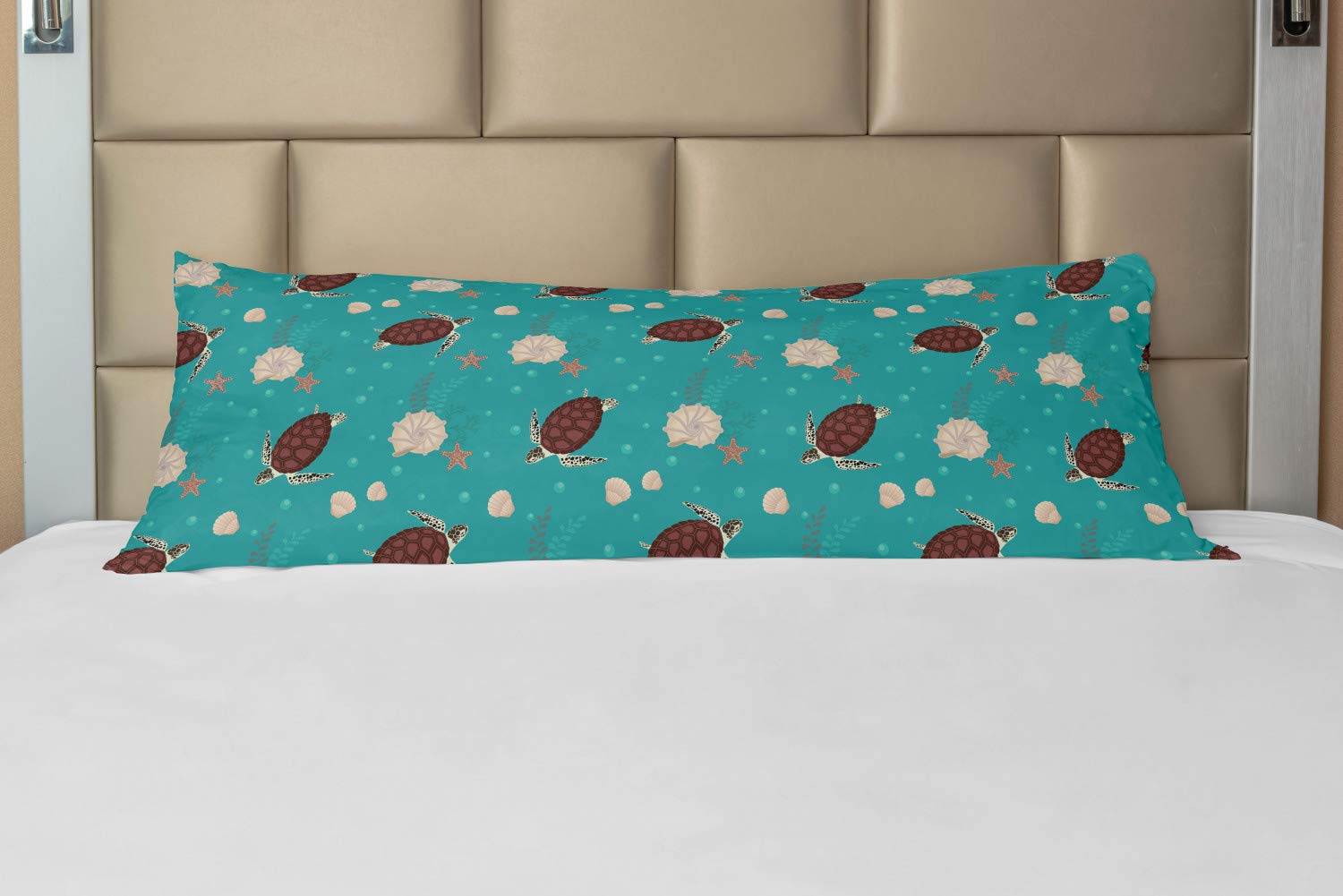 Ambesonne Marine Themed Body Pillow Case Cover with Zipper - Ocean Bubbles, Turtles, Starfish & Shells Print - Decorative Long Pillowcase 21x54 Inches - Dark Seafoam Chocolate - Perfect for Beach House Decor, Nautical Bedroom & Coastal Living Room Accent