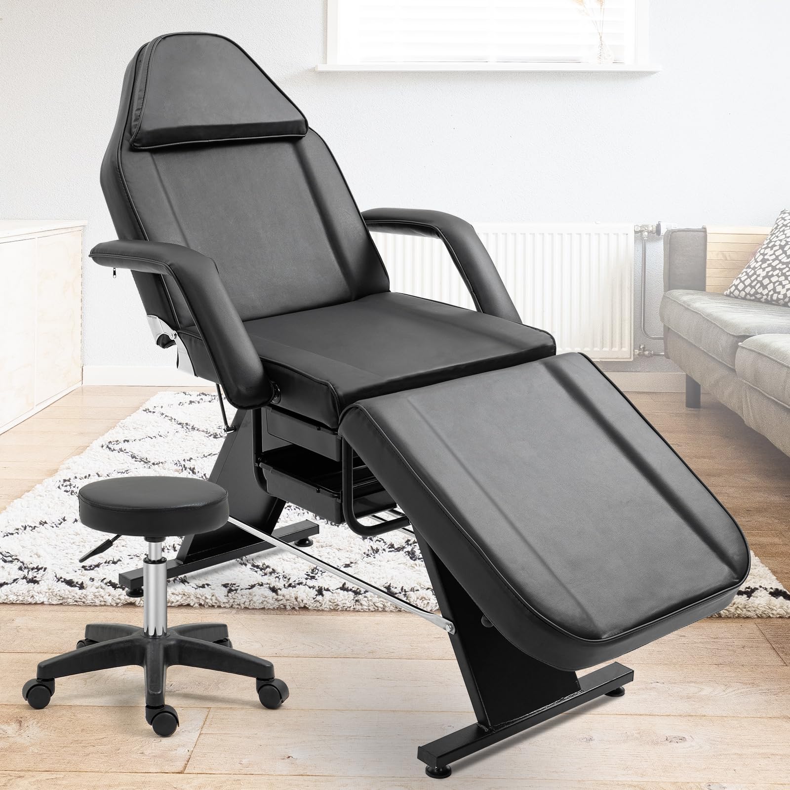Professional Adjustable Folding Salon Bed with Hydraulic Stool - Esthetician Facial Bed with 2 Trays, Tattoo & Massage Chair for Beauty Spa, Lash Extensions & Skin Treatments - Perfect for Facial, Waxing, Massage Therapy in Salon & Home Use (Black)