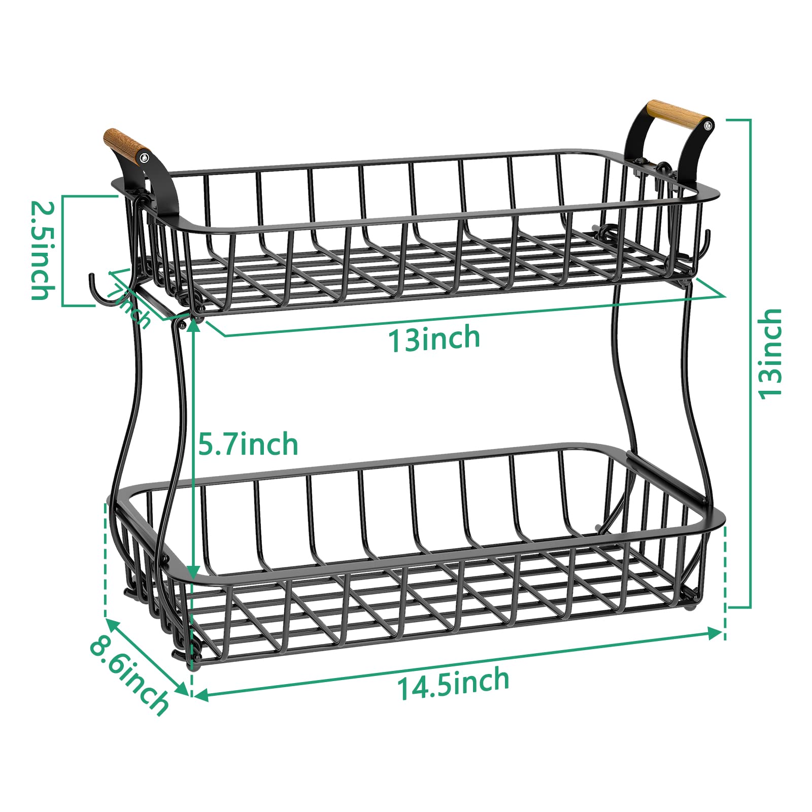 2-Tier Countertop Fruit Basket Bowl Storage with Two Banana Hangers and Wooden Handles - Black | Space-Saving Kitchen Organizer for Fruits, Vegetables & Snacks | Perfect for Countertop, Pantry or Dining Table Display