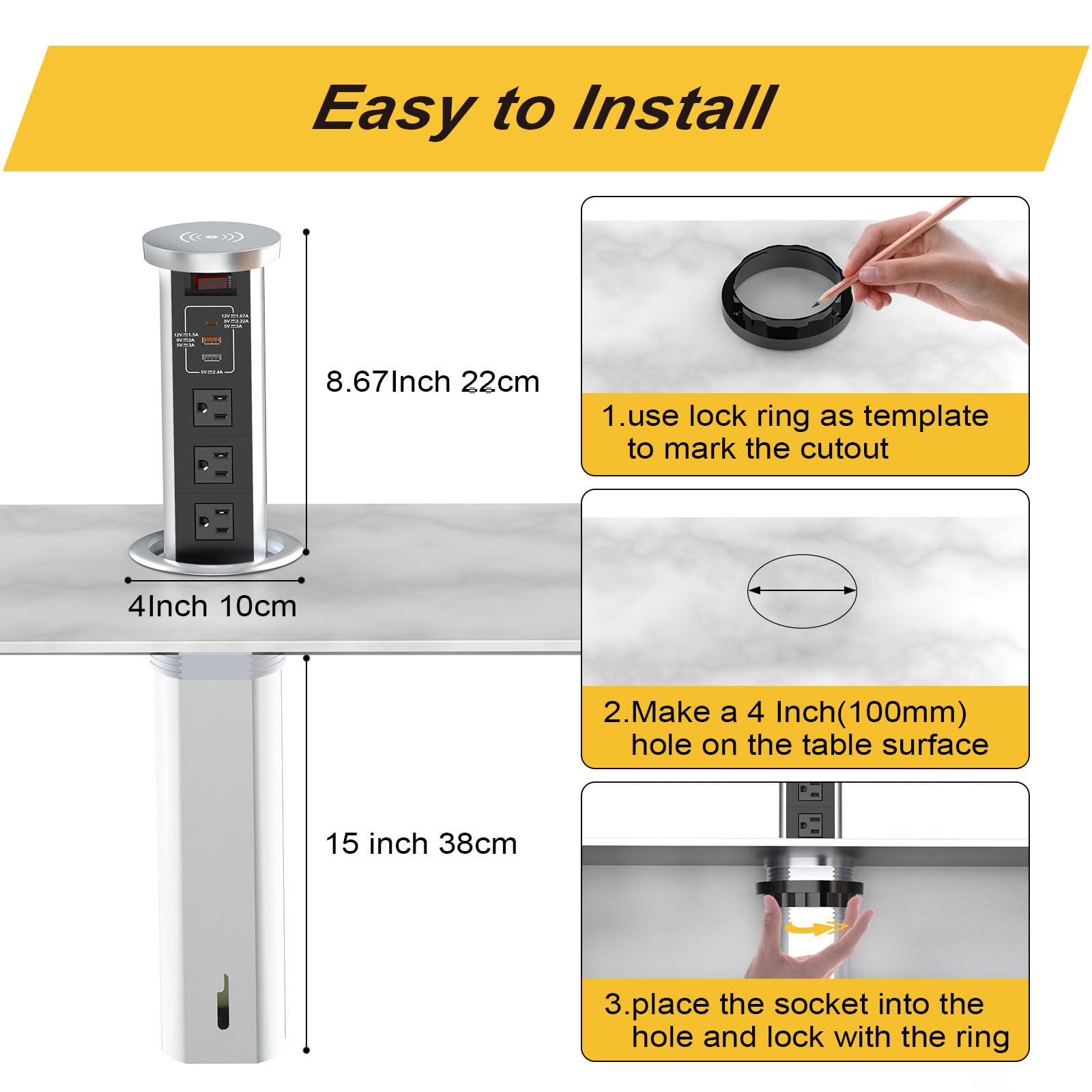 20W USB-C PD Automatic Pop-Up Outlet with 15W Wireless Charger - 3 AC Outlets & 3 USB Ports for Home, Office, Kitchen, Conference & Workbench - Space-Saving Power Strip (Black) | Perfect for Clutter-Free Desks, Countertops & Workstations