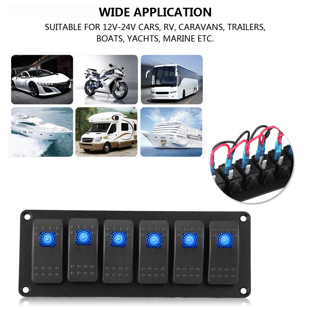 6 Gang Rocker Switch Panel with Decal Sticker Labels 12-24V - Waterproof Blue LED Toggle Control Panel for Car, Marine Boat, Trailer, RV, Truck - Perfect for Off-Roading, Camping & Vehicle Customization