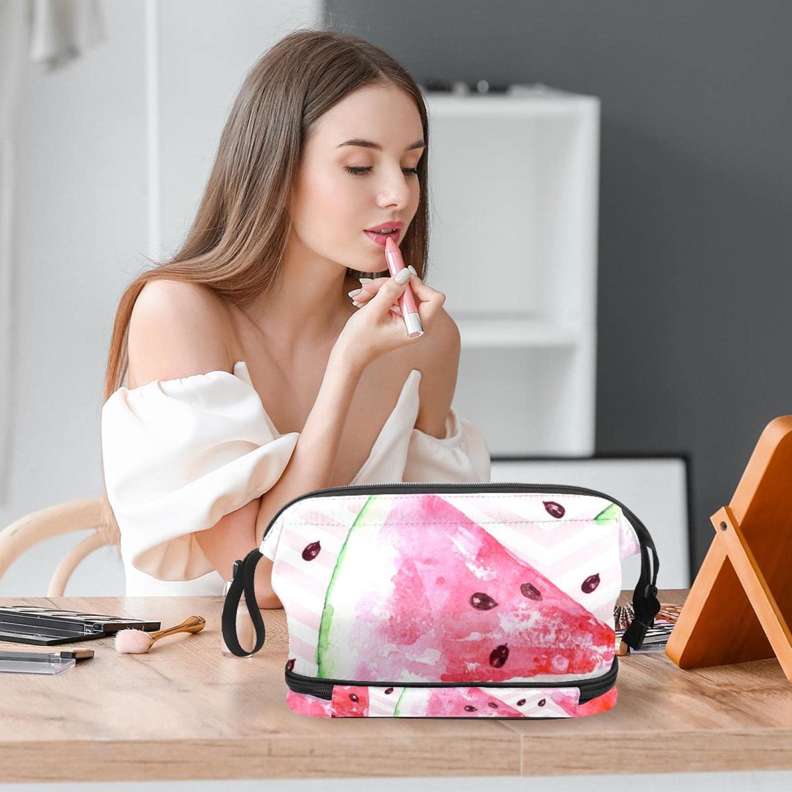 Large Travel Cosmetic Bag for Women - Pink Watercolor Watermelon Design, Makeup Organizer & Toiletry Bag | Perfect for Vacation, Gym, and Everyday Use