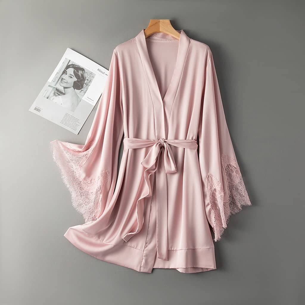 Burgundy Satin Kimono Robe for Women - Sexy Lace Nightgown & Sleepwear Lounge Dress - Soft Bathrobe for Spa, Bridal Party, Boudoir & Bedtime (Pink, One Size)