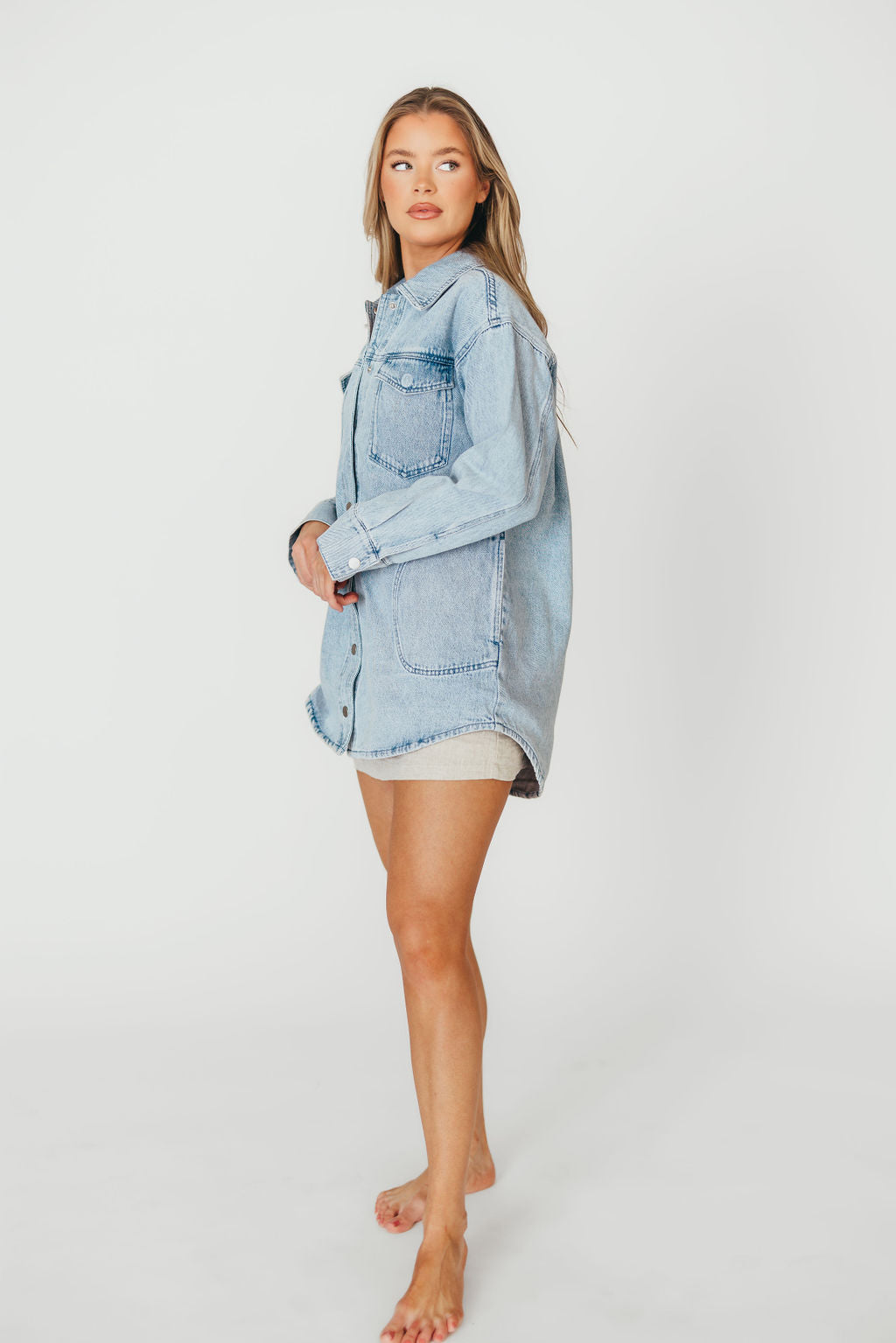 Meritt Longline Denim Jacket for Women - Light Wash Distressed Denim Coat | Casual Streetwear, Spring & Fall Layering Essential