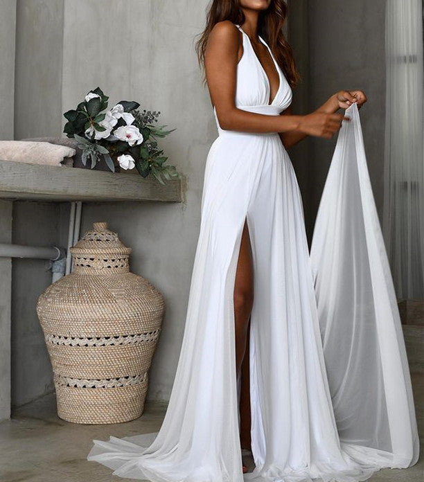 Elegant Long Chiffon White Beach Wedding Dress - Minimalist Summer Maxi Dress for Bridal, Vacation & Photoshoots