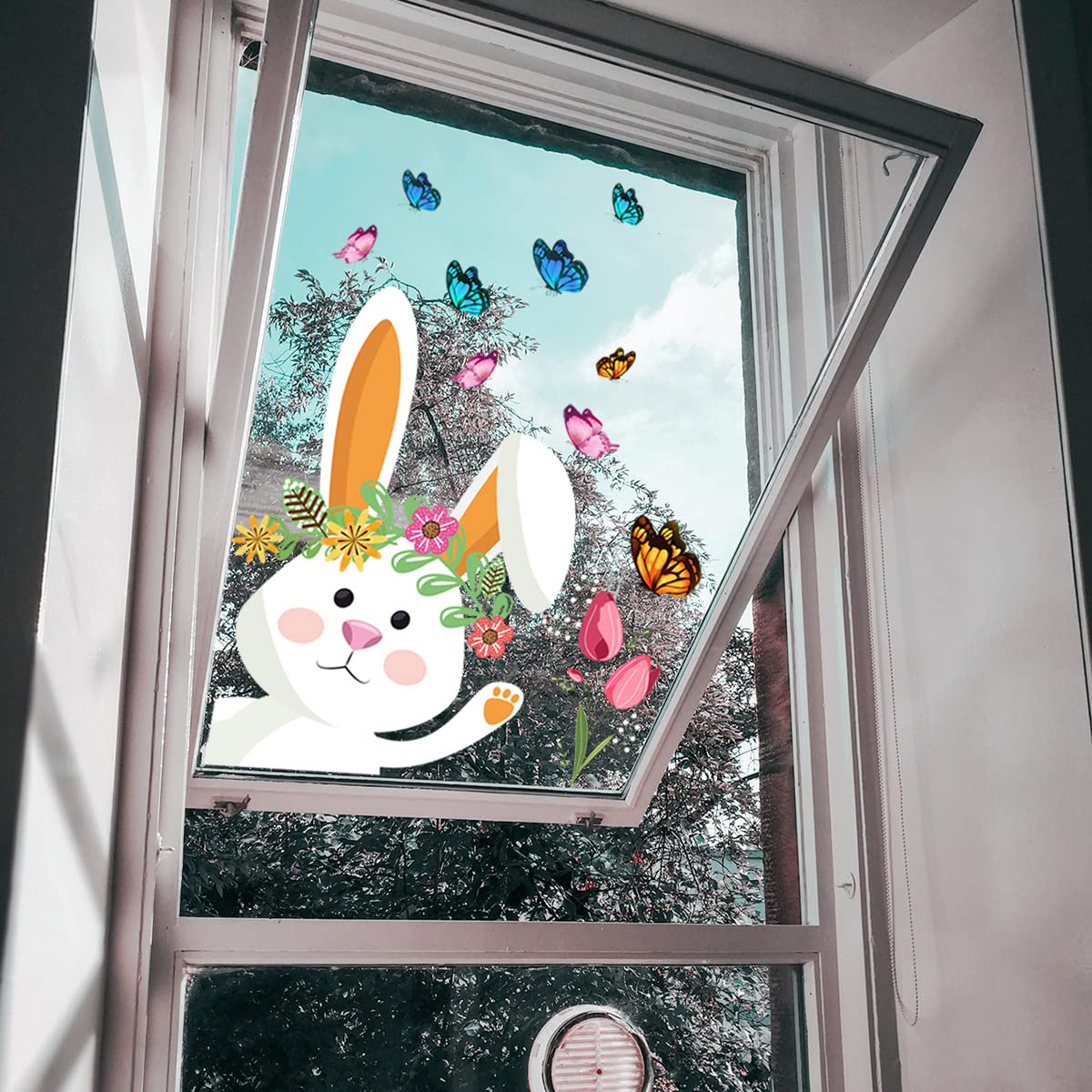 XFCGVH Rabbit & Butterfly Easter Window Clings - Electrostatic Double-Sided Decorative Wall Stickers for Glass Doors & Windows | Perfect for Easter Home Decor, Spring Party Decorations & Kids Room Visual Design